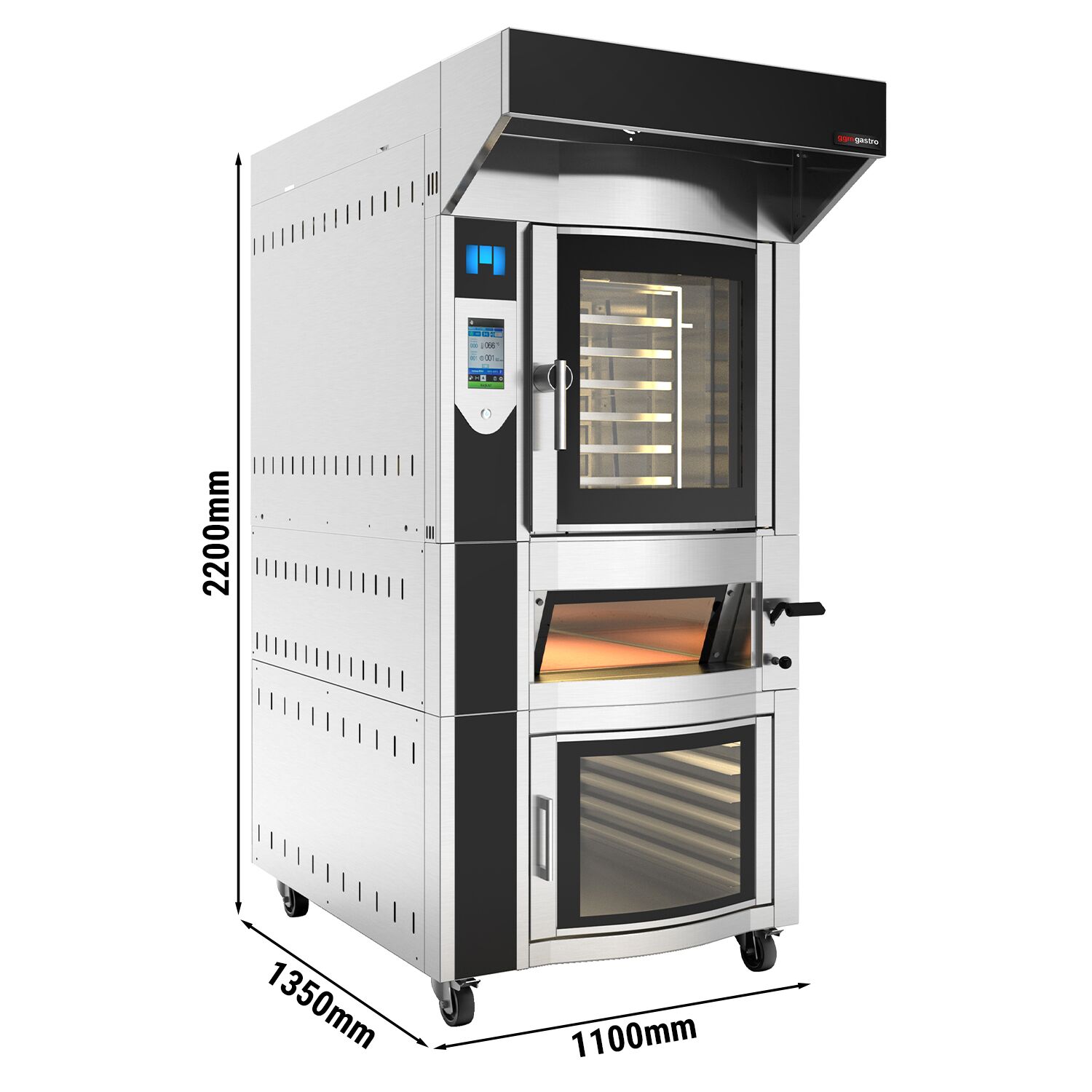 Four à chariot rotatif Électrique Four à convection avec injection d’eau - Écran tactile - 1 chambres de cuisson - 6 niveaux 600x400mm - Acier inoxydable - avec roulettes - inclus four à pizza, hotte et armoire de fermentation
