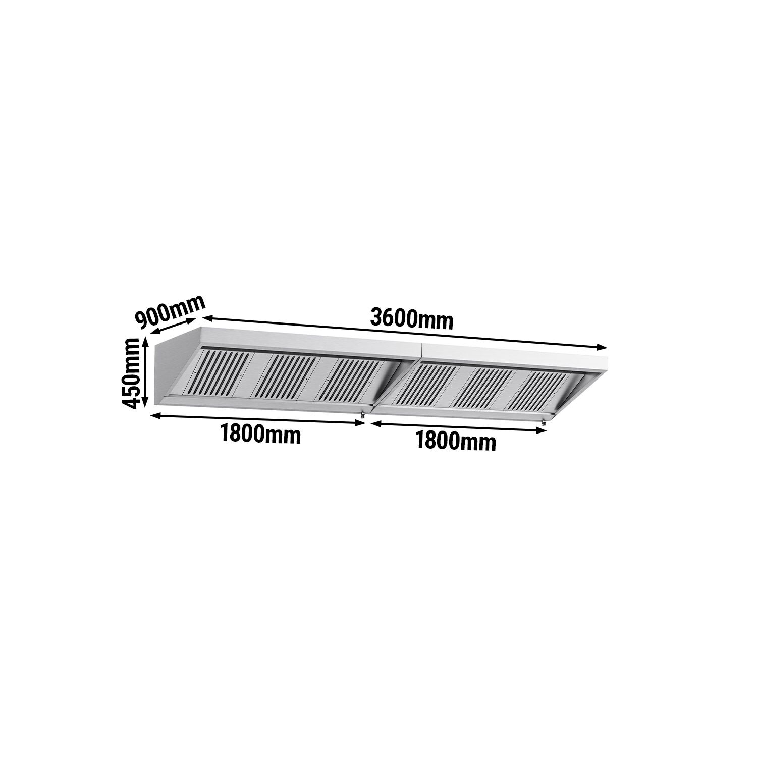 Commercial Wall-Mounted Extraction Canopy - 3600mm - with Baffle Filters & LED Lighting