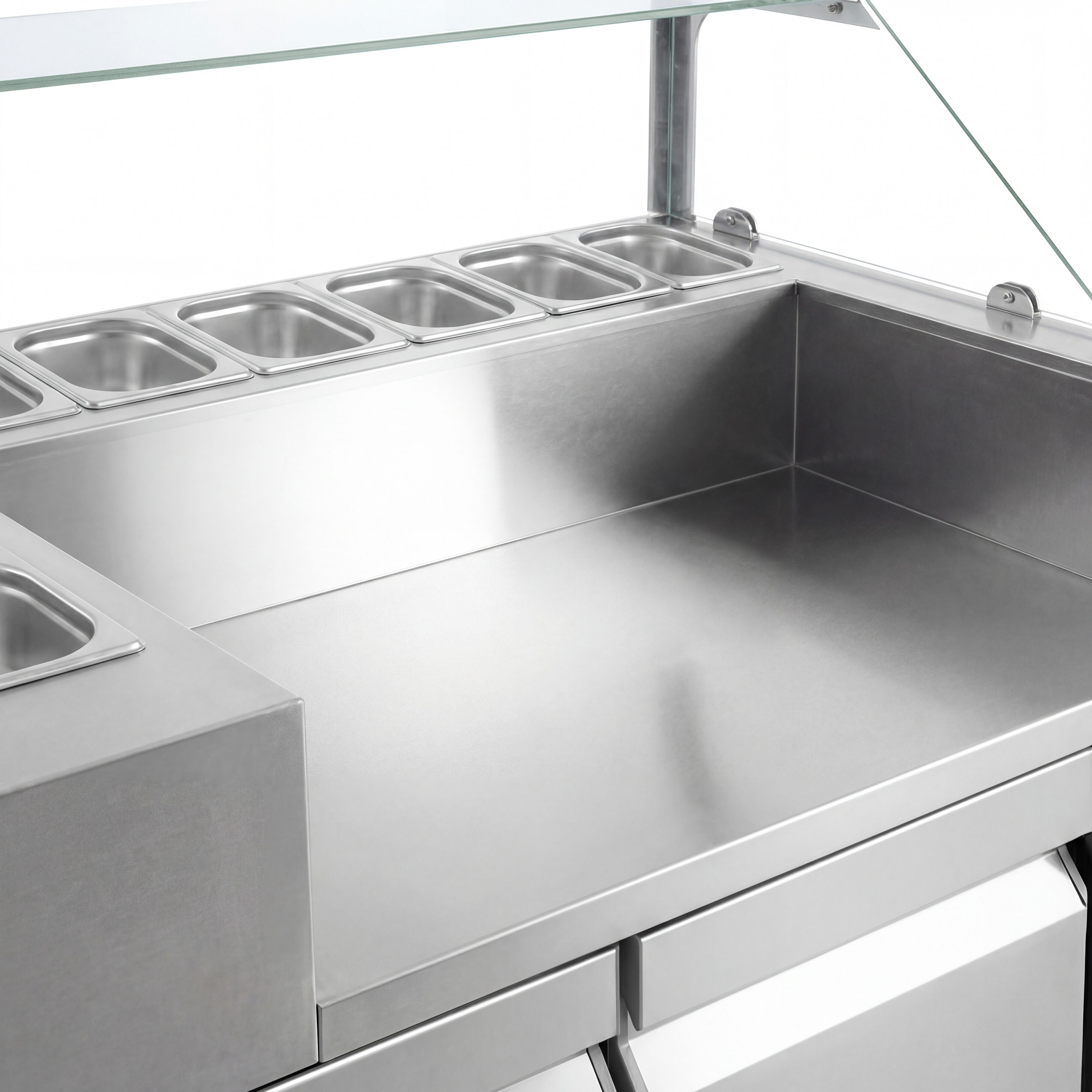 Saladette Kompakt - 1210x700 mm - glasöverdel - inbyggd kylränna - 4 lådor - för 9x GN 1/6 - inkl. Korvgrill/Hot dog‑grill & -värmare