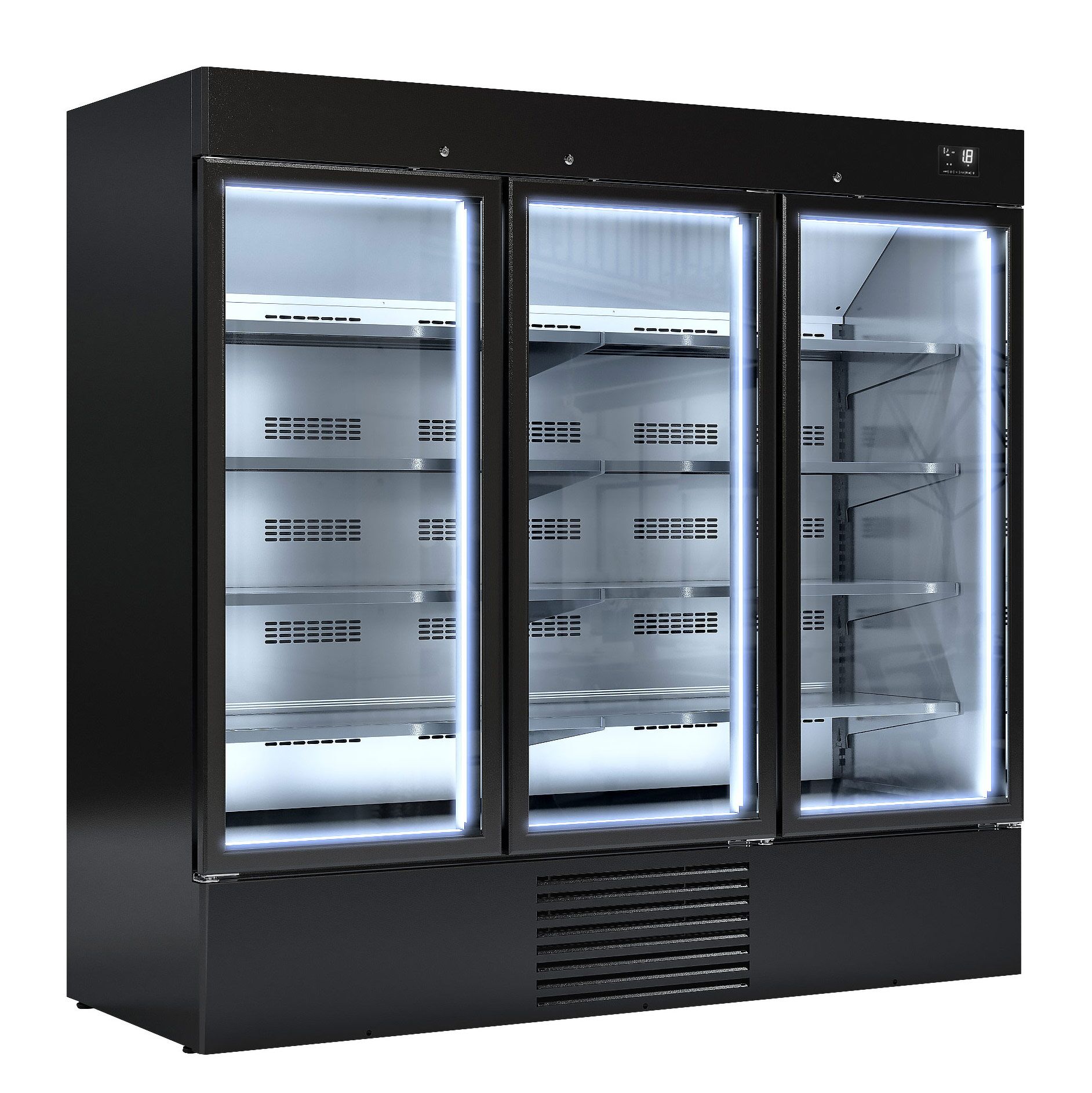 Commercial multideck display freezer - 2081mm - 2030L - with 3 hinged glass doors & 8 shelves - Black