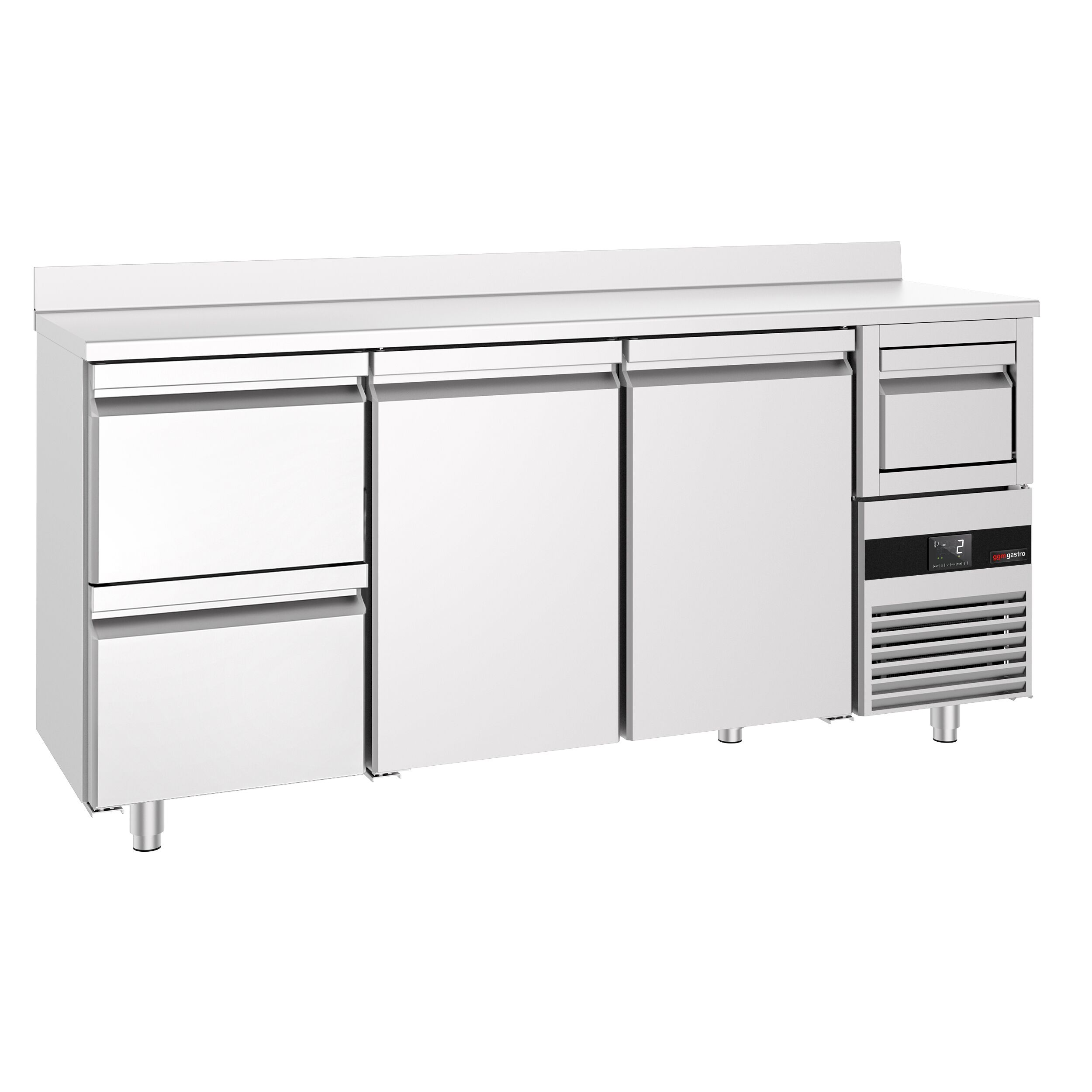 Arrière-bar réfrigéré professionnel  PREMIUM - 2130 x 600 mm - avec 2 portes et 2 tiroirs - avec dosseret - avec tiroir à marc de café