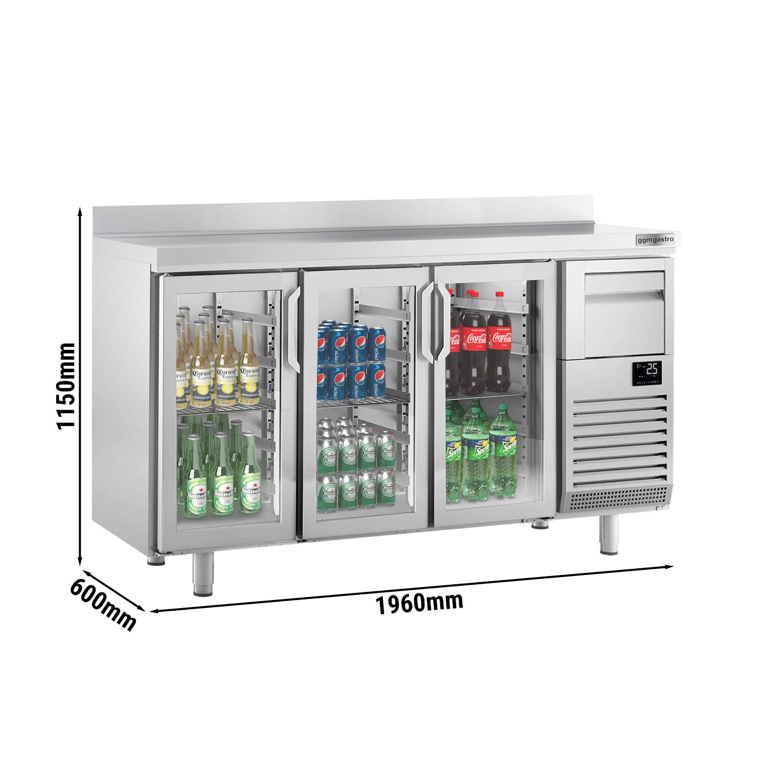 Arrière-bar réfrigéré professionnel Premium PLUS - 1960 x 600 mm - avec 3 portes en verre, dosseret et tiroir à marc de café