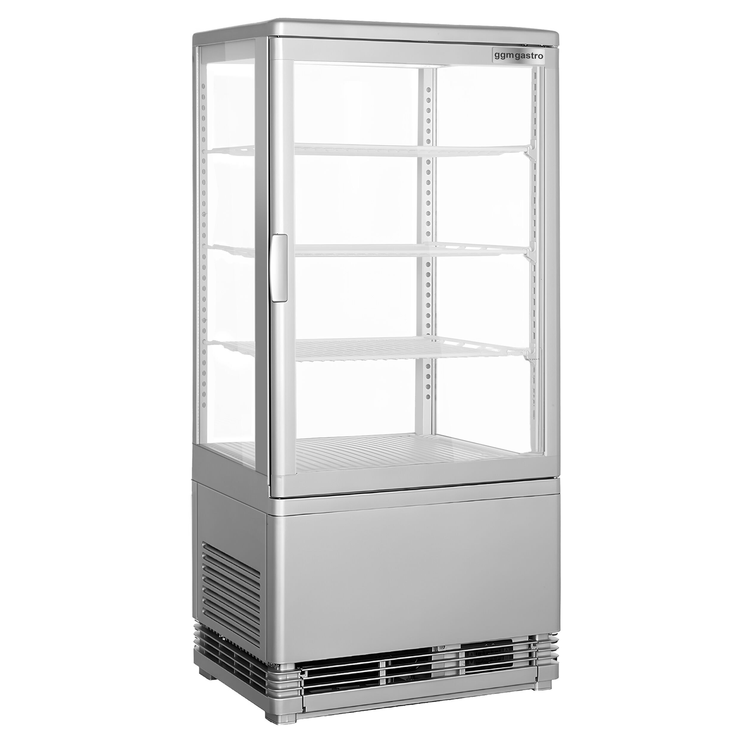 Vitrine réfrigérée 4 faces vitrées / Vitrine panoramique de table – 68 litres – 420 mm – 3 étagères – Argent