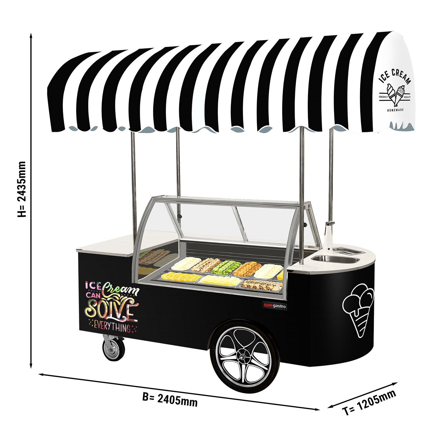 Chariot à glace – 2146 mm – avec évier et vitrine à glace ronde – pour 9 bacs à glace de 5 litres