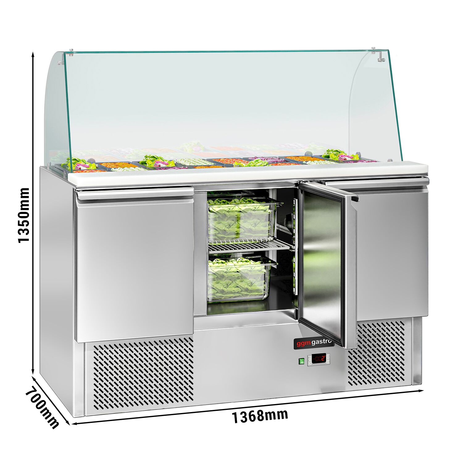 Saladette réfrigérée ECO - 1368mm - 368L - 3 portes - avec vitrine de comptoir pour 4x GN 1/1