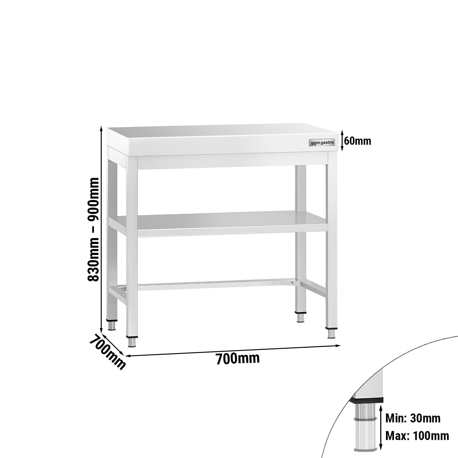 Table de travail en inox PREMIUM – 700x700 mm – avec tablette inférieure et renforts