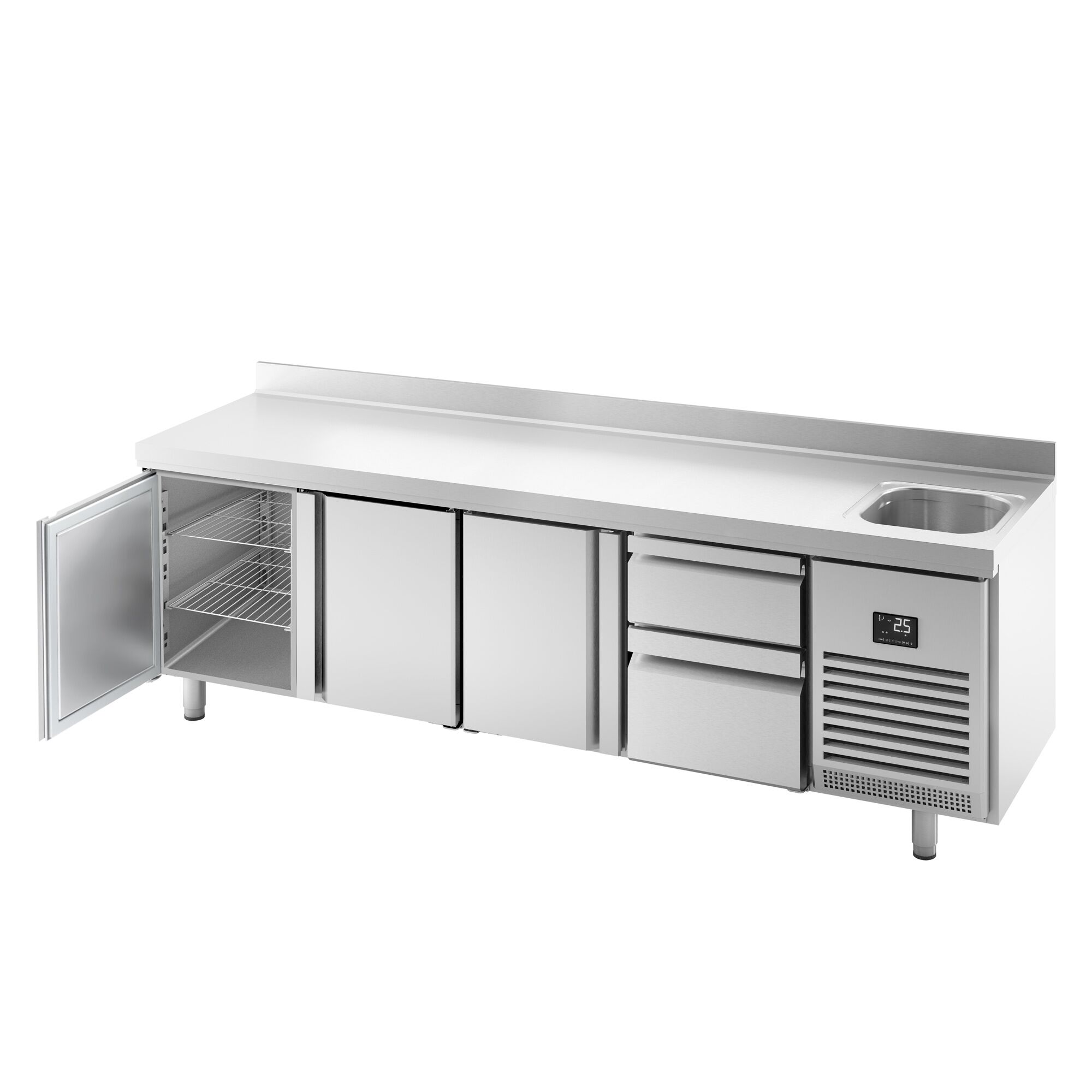 Table réfrigérée Premium PLUS - 2452 x 600 mm - avec 1 bac, 3 portes - 2 tiroirs - dosseret