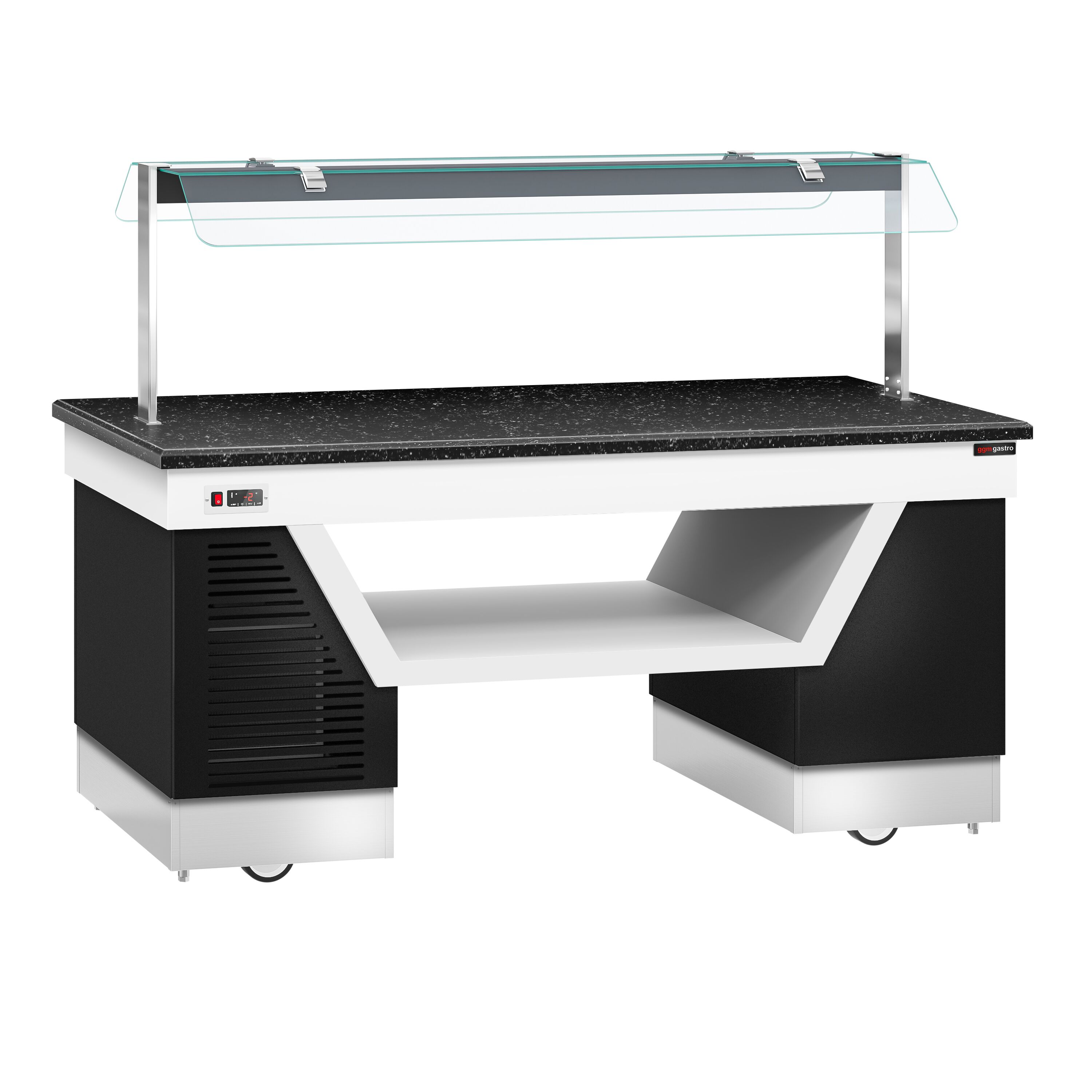 Refrigerated Salad Bar BELFAST - 2000mm - with Refrigerated Frost Top + Flat Glass Sneeze Guard - on Castors - Black