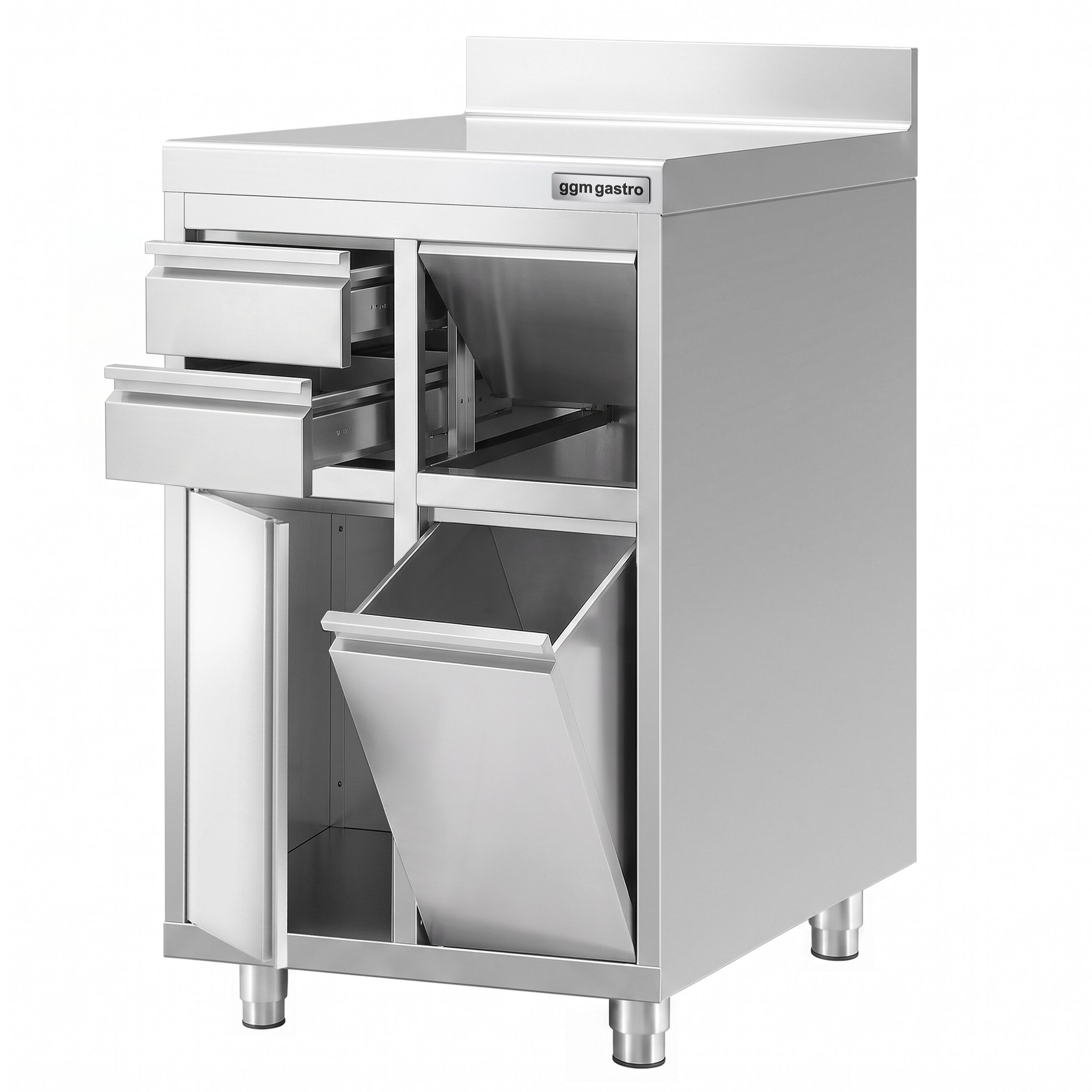 Work cabinet – for coffee machine – 600x600mm – with 1 hinged door, 2 drawers, waste bin & upstand