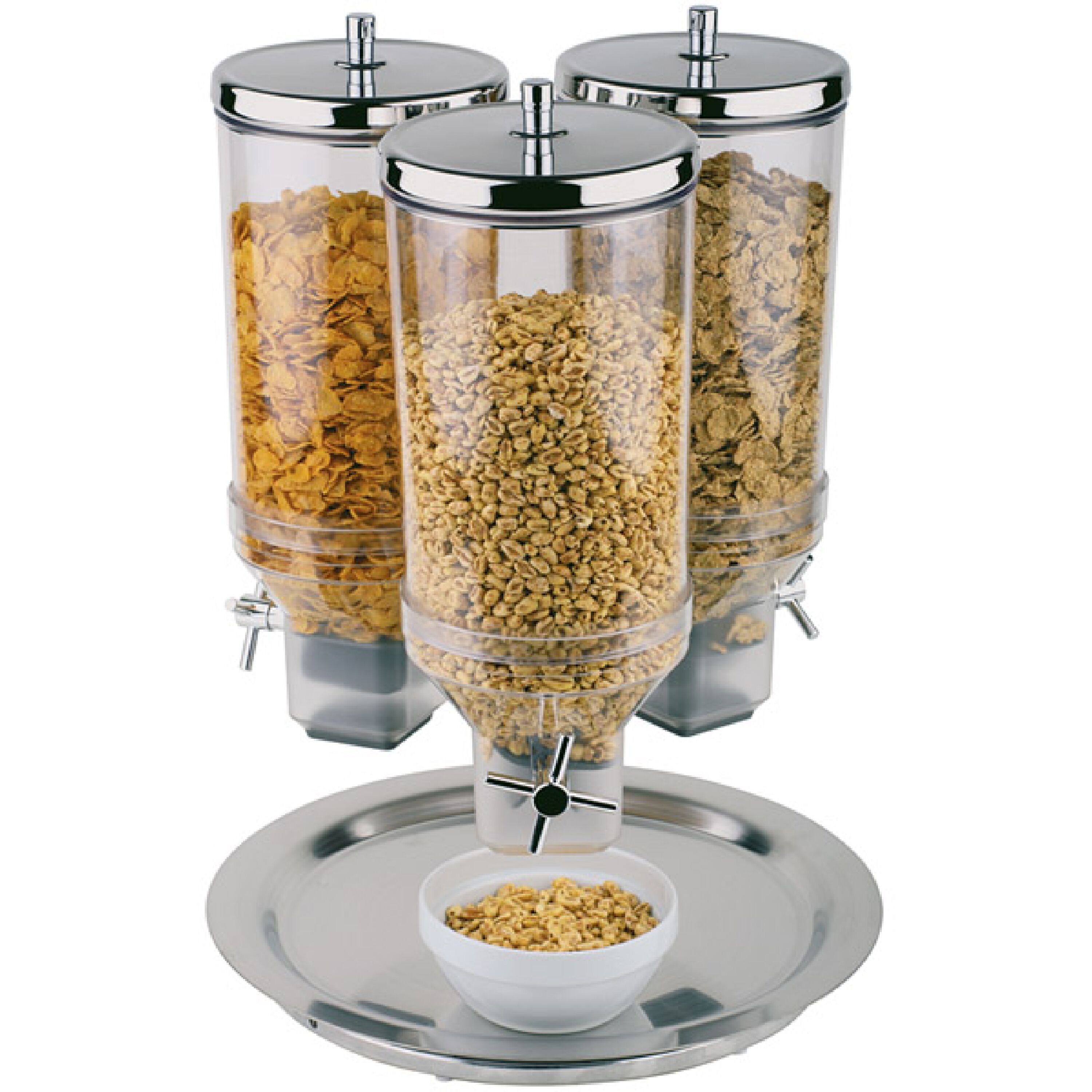 Cereal Dispenser - ROTATION - triple - rotating - Rotary Dispense - 3 Plastic Containers - 3x 4.5L - Stainless Steel Stand