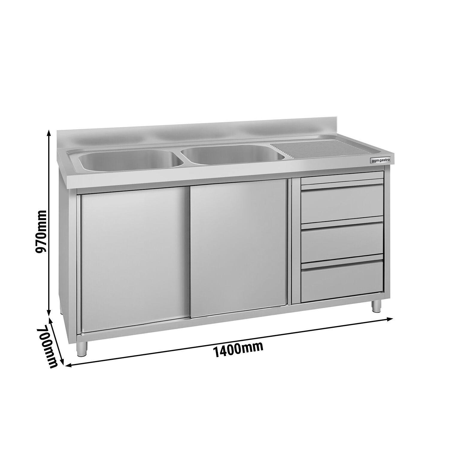 Meuble évier ECO - 1400 x 700 mm - avec 3 tiroirs & 2 bacs à gauche