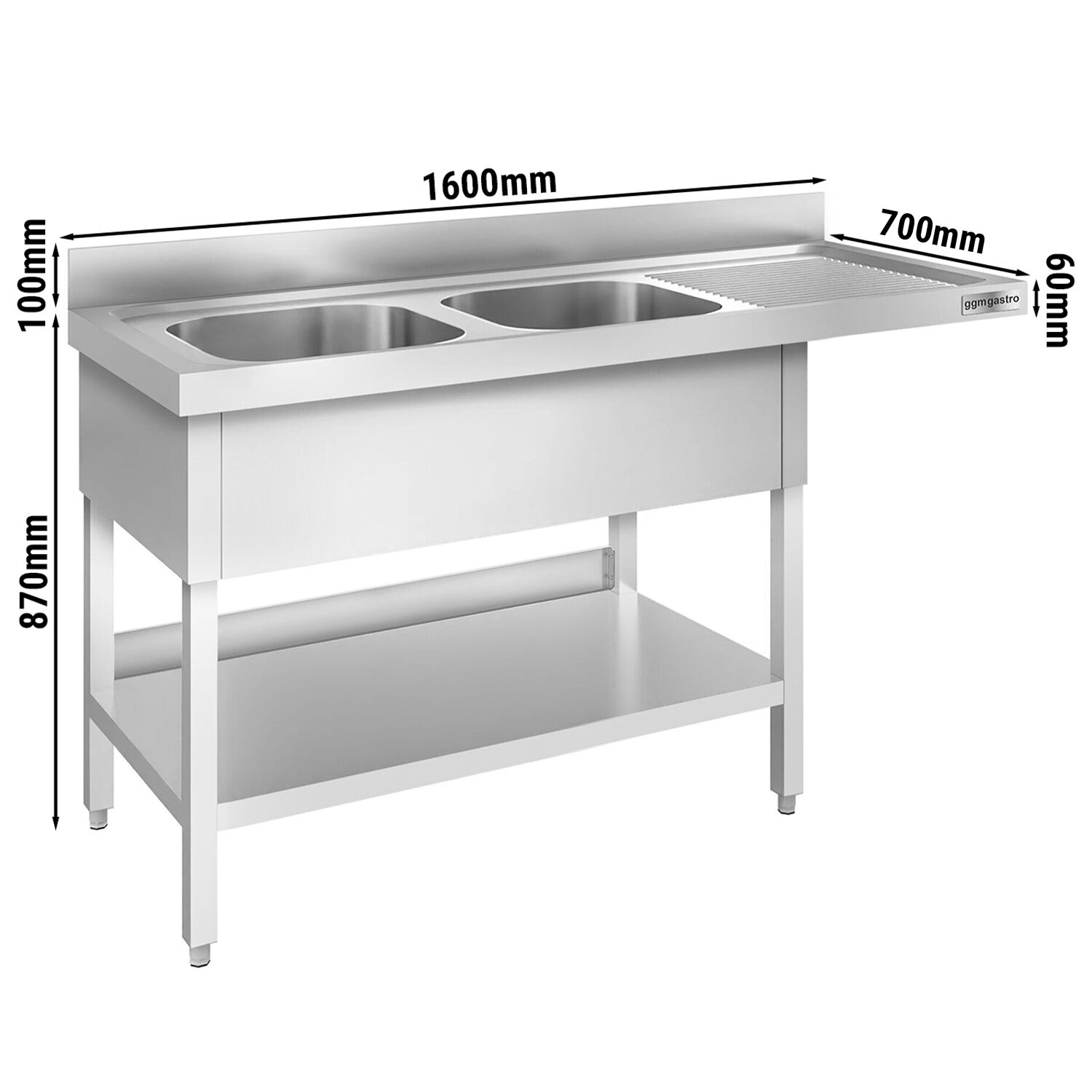 Plonge PREMIUM en acier inoxydable - 1600x700mm - 2 bacs - bac à gauche - avec espace lave-vaisselle - adossée/avec dosseret