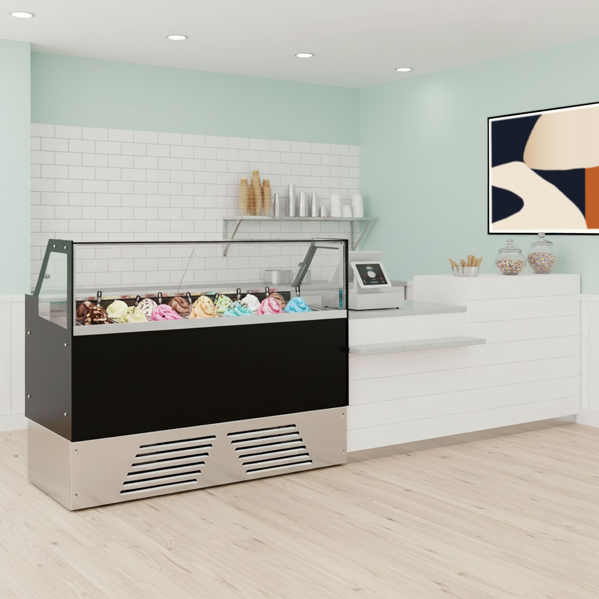 Vitrine à glace EMMA – 1710 mm – refroidissement ventilé – pour 9 bacs à glace de 5 litres ou 6 bacs de 7 litres – Noir