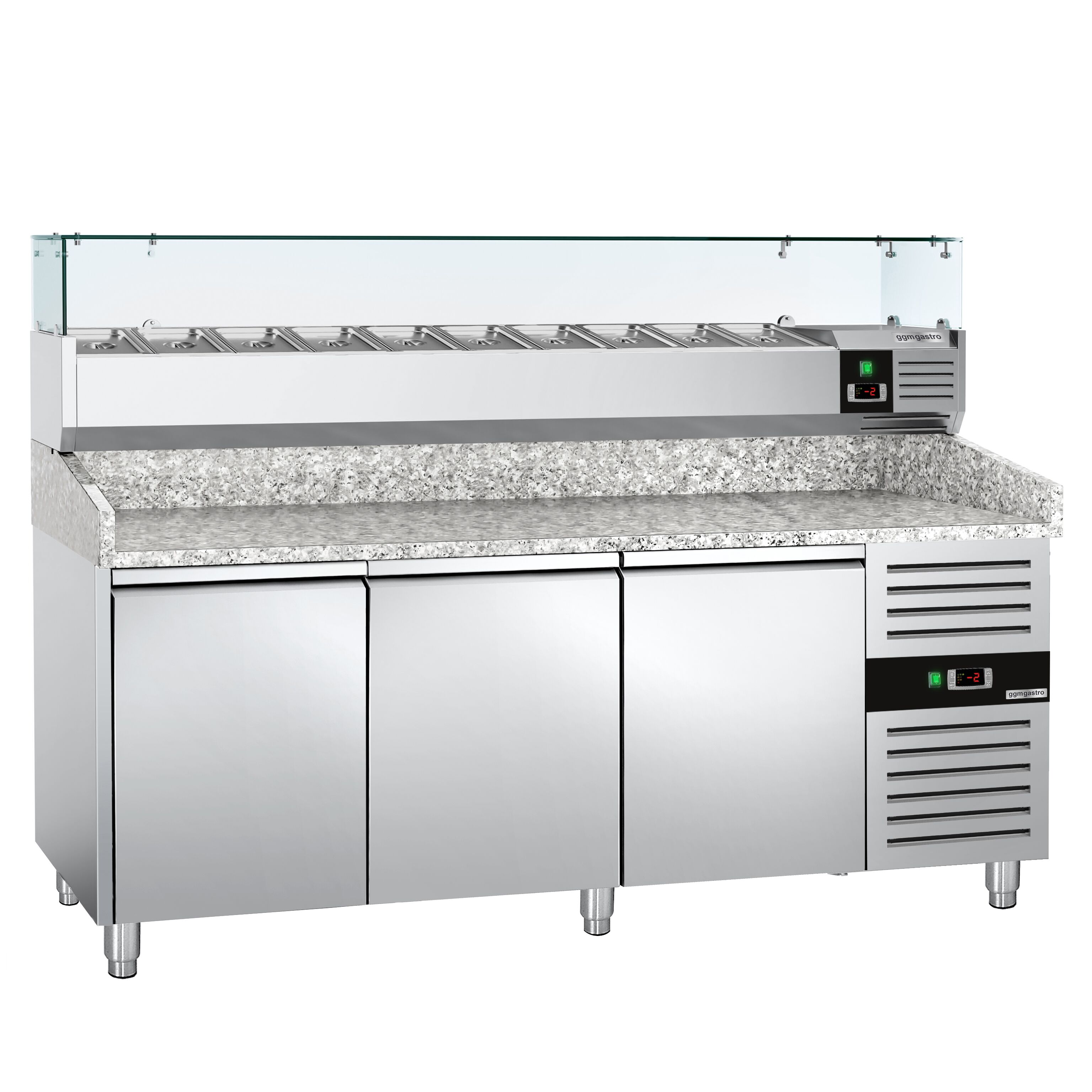 Table réfrigérée à pizza ECO - 2000 x 800 mm - avec 3 portes - incl. vitrine réfrigérée - 10 x GN 1/4