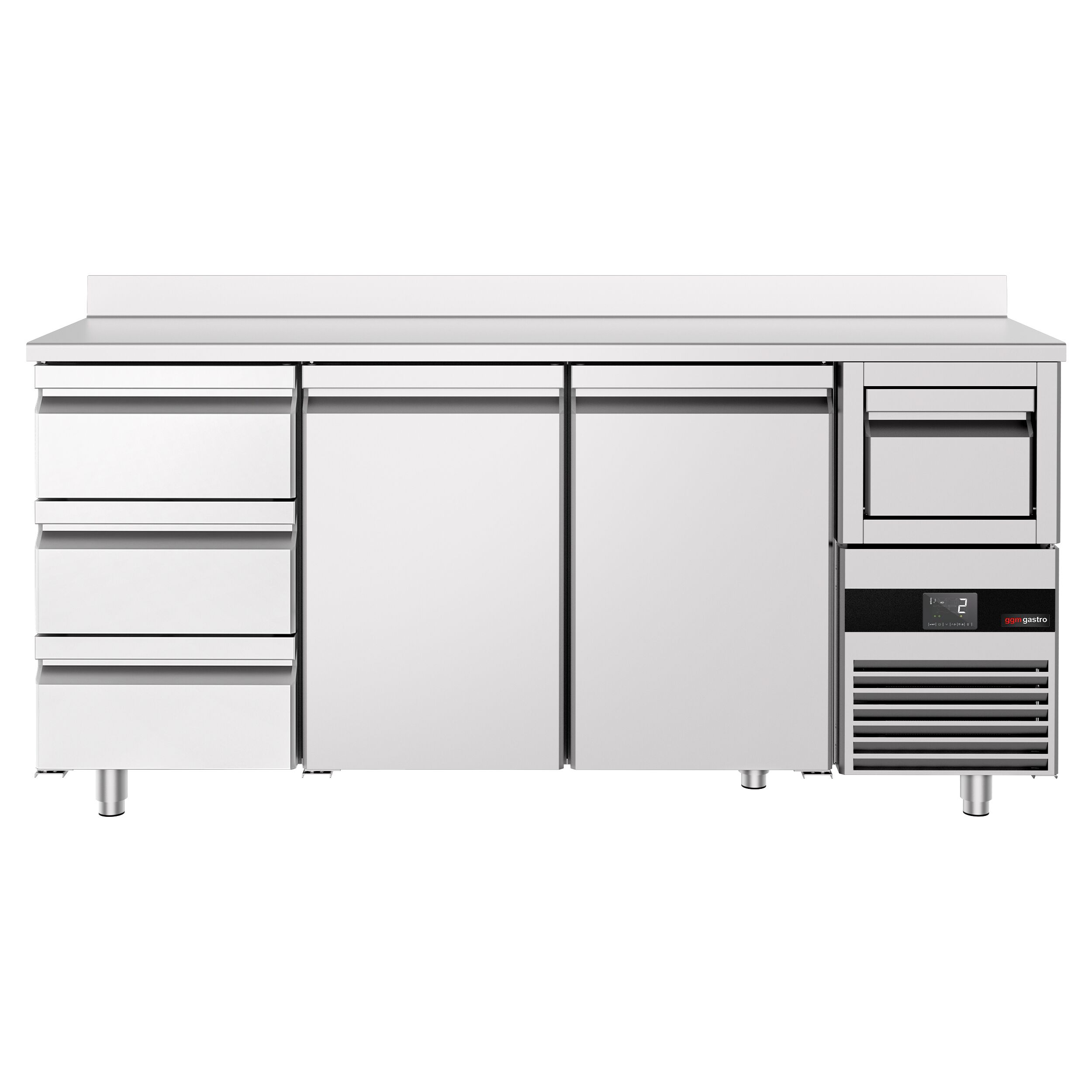 Arrière-bar réfrigéré professionnel PREMIUM - 2130 x 600 mm - avec 2 portes et 3 tiroirs - avec dosseret - avec tiroir à marc de café