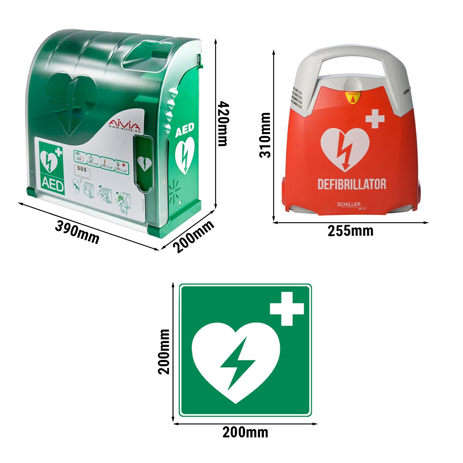 Defibrillator - inkl. Wandkasten, Defi-Safe-Set & Rettungszeichen