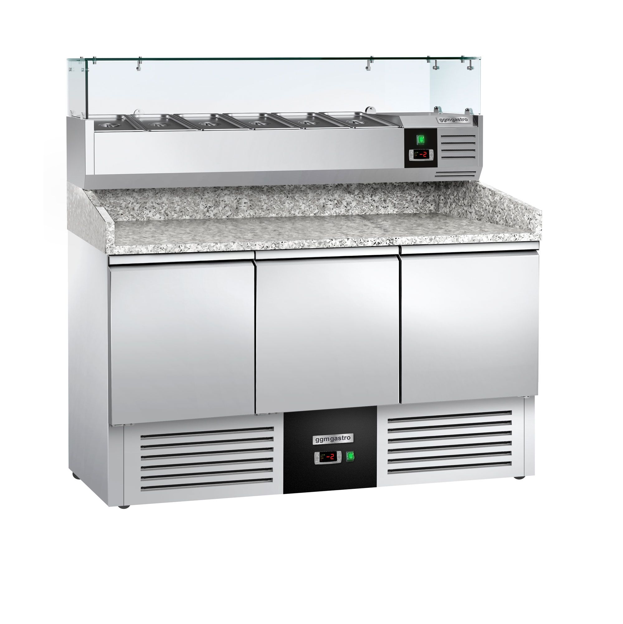 Banco pizza refrigerato PREMIUM - 1400x700mm - con 3 porte - piano in granito - con vetrina ingredienti refrigerata superiore - 6x GN 1/4