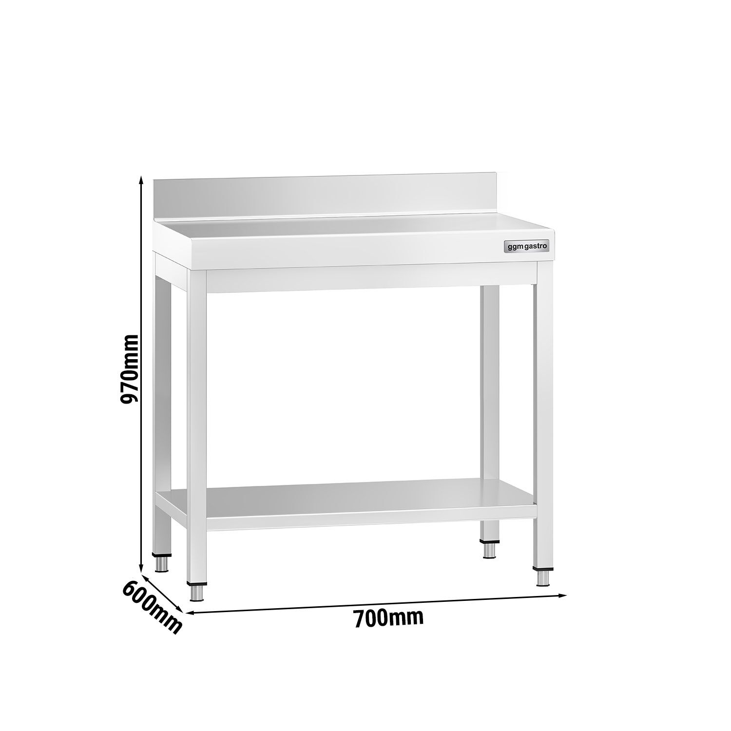 Table de travail inox PREMIUM - 700 x 600 mm - avec tablette inférieure & Dosseret