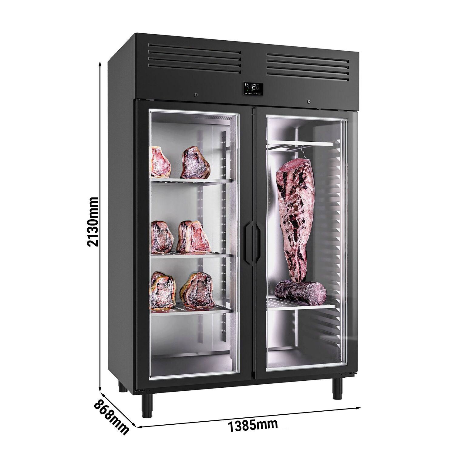 Armoire de maturation de viande Dry Aging - 1300 mm - avec 2 portes en verre - noir