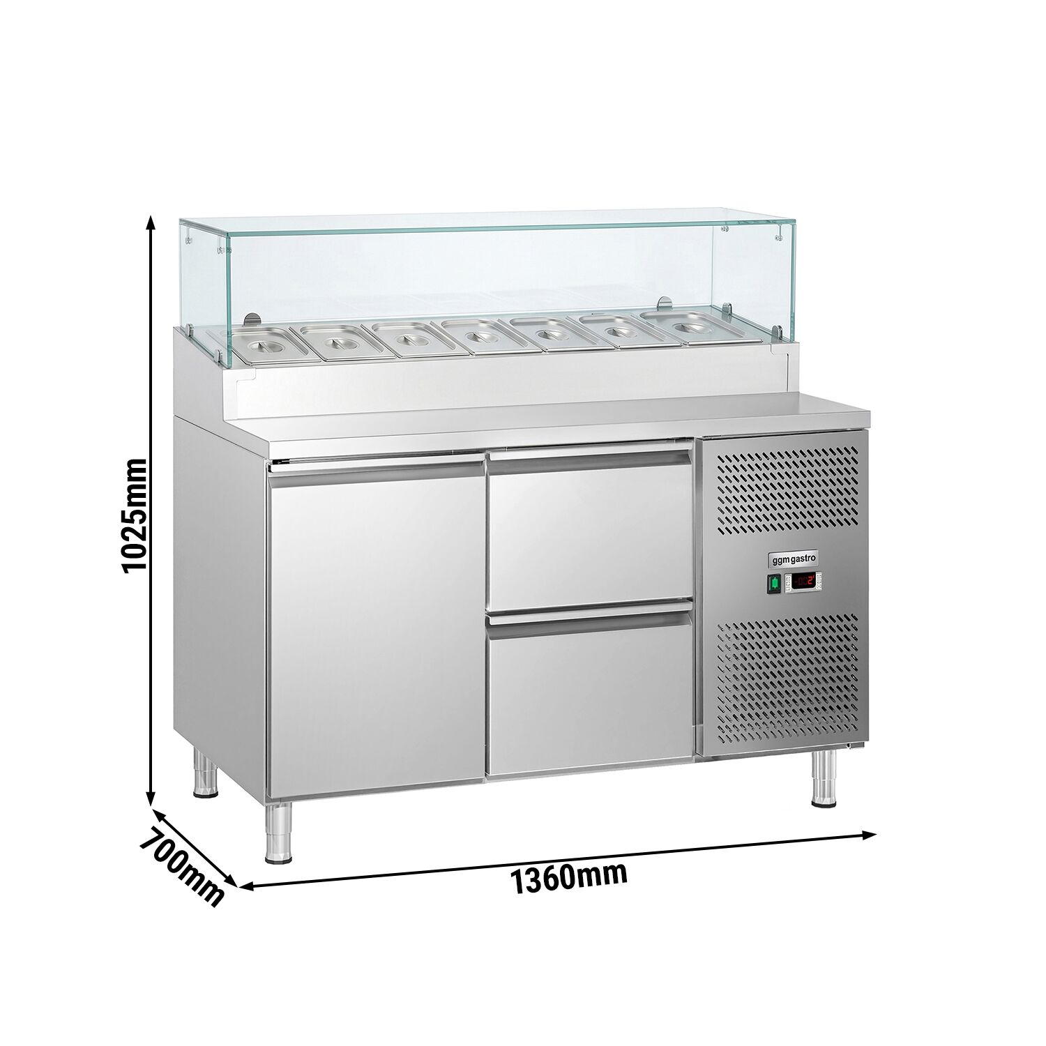 Zubereitungstisch ECO - 1360mm - 1 Tür & 2 Schubladen - mit Glasaufsatz - für 7x GN 1/3