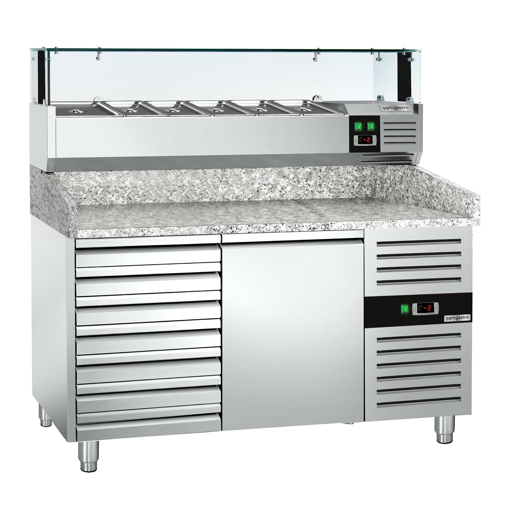 Table réfrigérée pour pizza PREMIUM - 1500 x 800 mm - avec 1 porte & 7 tiroirs - incl. vitrine réfrigérée avec LED - 5 x GN 1/3 + 1 x GN 1/2