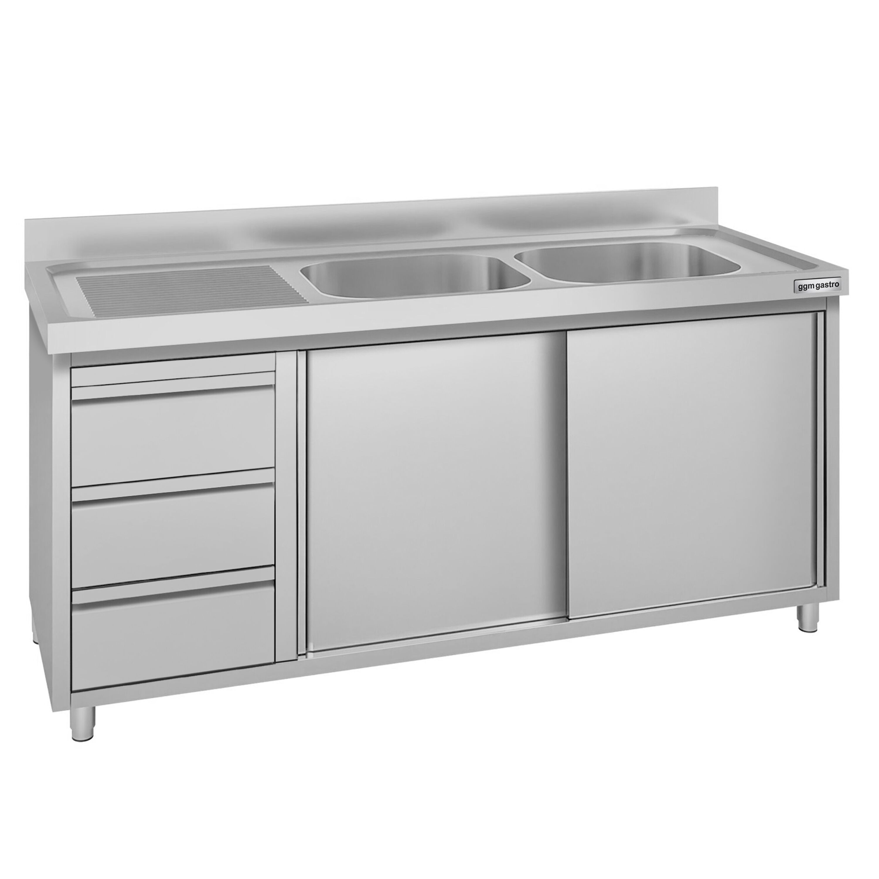 Meuble évier ECO - 1600 x 600 mm - avec 3 tiroirs & 2 bacs à droite