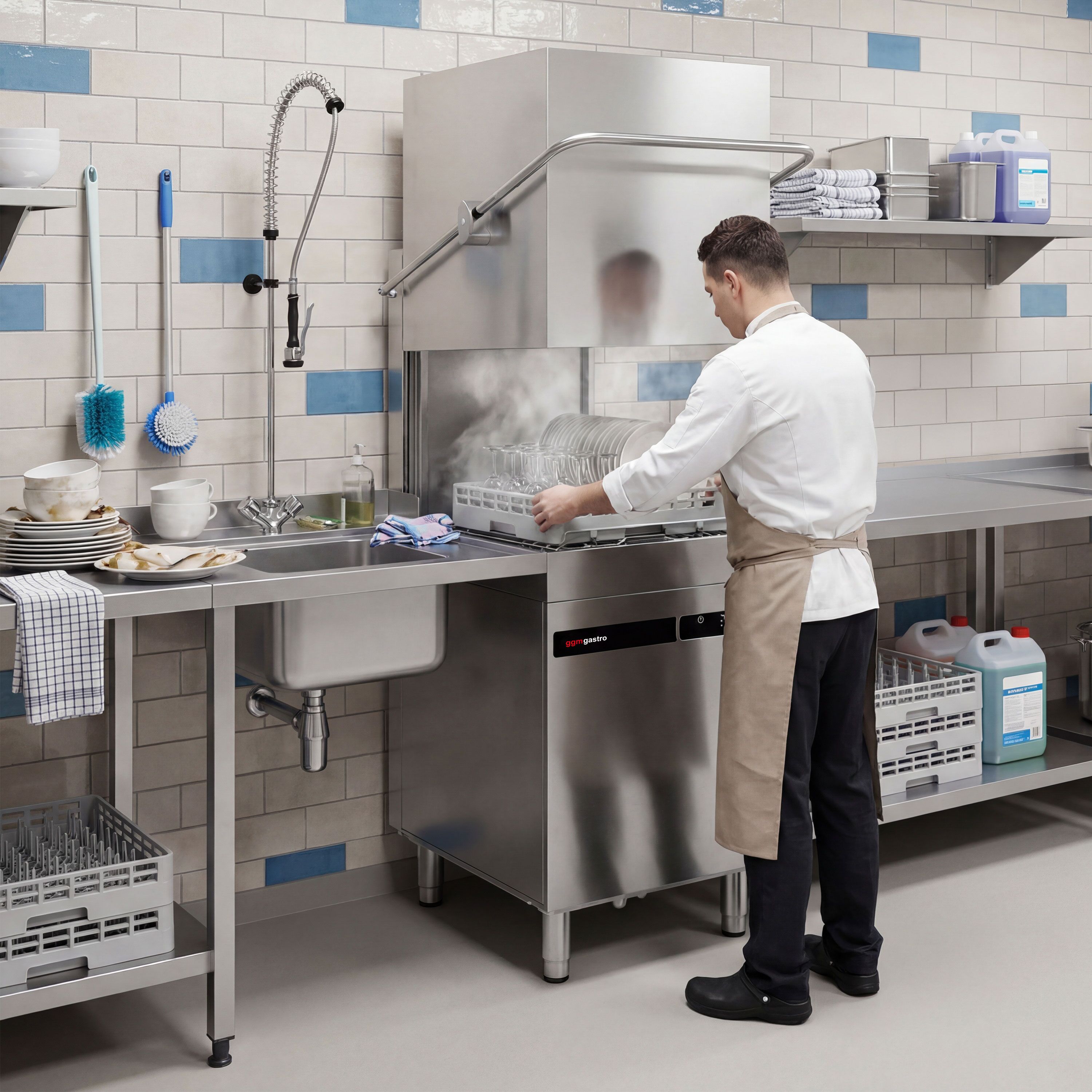 Lave-vaisselle à capot – Écran tactile – 9,66 kW – avec table d’entrée à gauche et table de sortie à droite incluses – avec pompe de détergent, de rinçage et de vidange