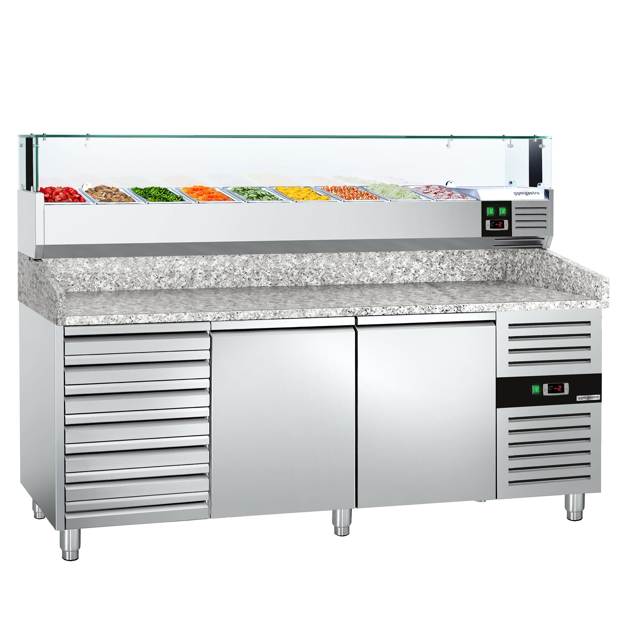 Table réfrigérée pour pizza PREMIUM - 2000 x 800 mm - avec 2 portes & 7 tiroirs - incl. vitrine réfrigérée avec LED - 9 x GN 1/3