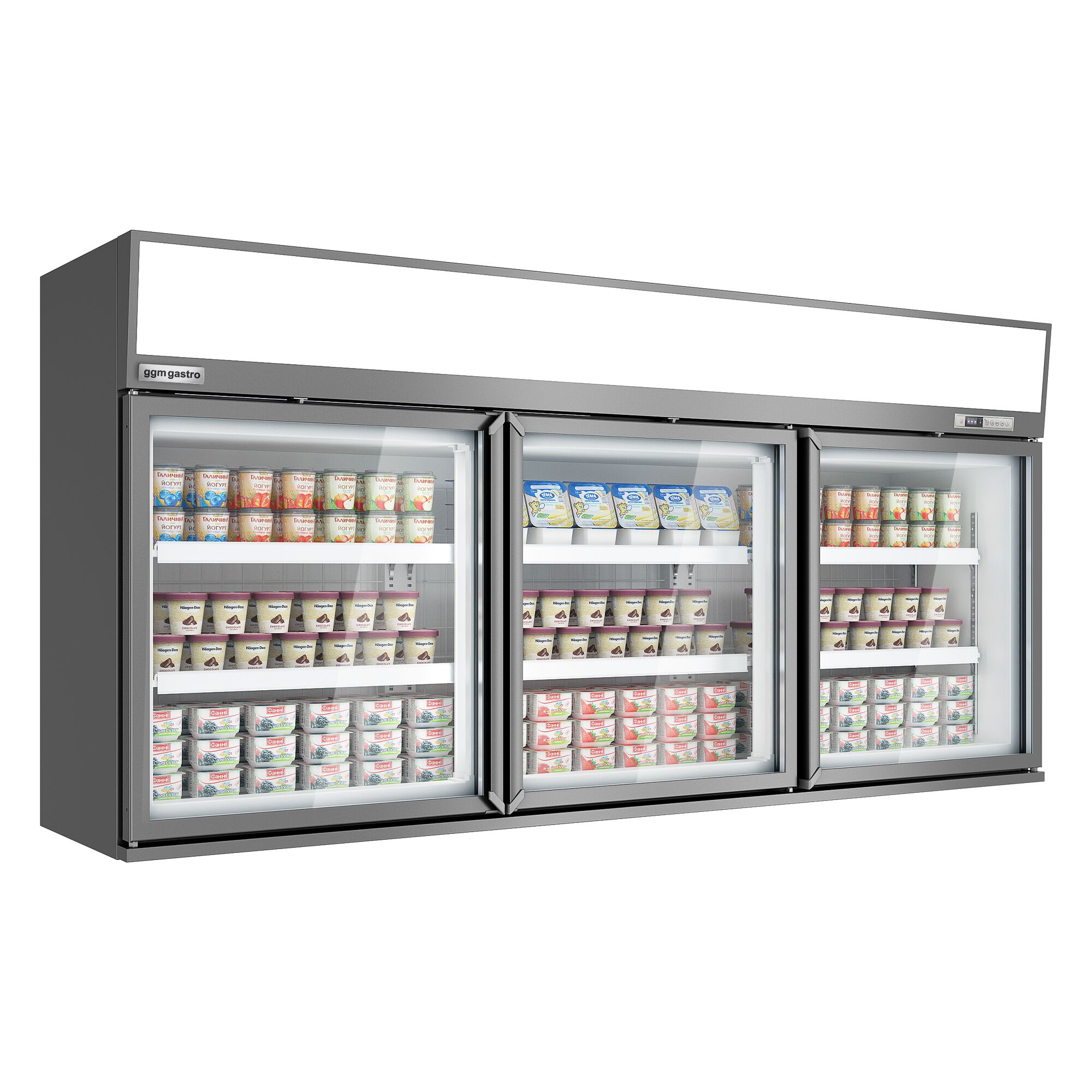 Vitrine murale de congélation pour supermarché - 3 portes - avec îlot de congélation inclus - Gris