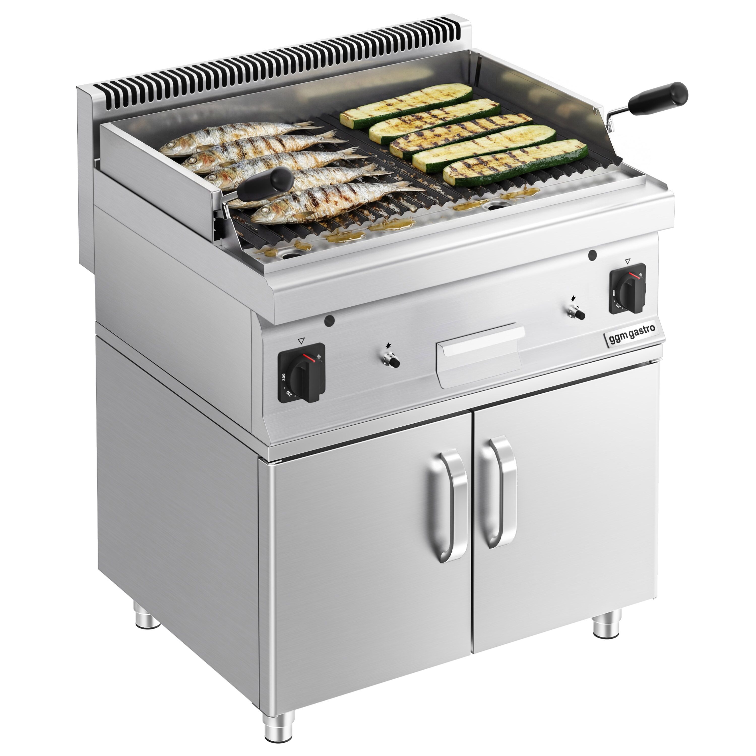 Grill à pierre de lave à gaz – 10,6 kW – grille inclinable – incl. soubassement avec 2 portes