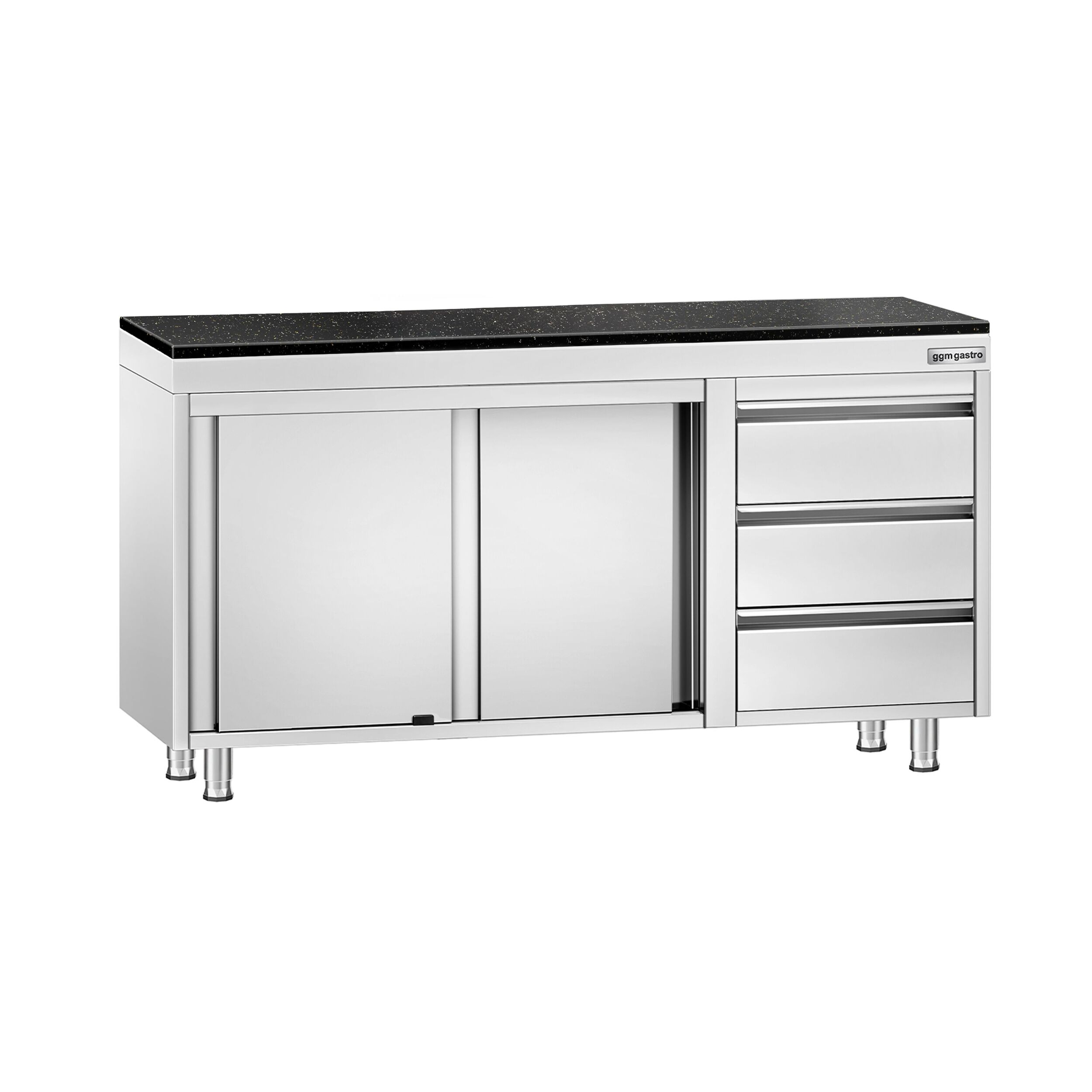 Edelstahl Arbeitsschrank PREMIUM - 1400x600mm - mit 3 Schubladen rechts - inkl. Granitarbeitsplatte