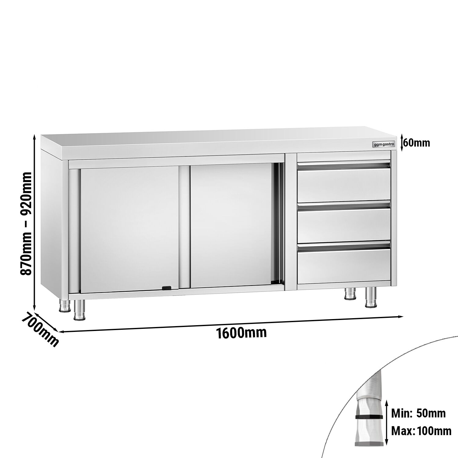 Table armoire en acier inoxydable PREMIUM - 1600x700mm - avec portes coulissantes et 3 tiroirs à droite