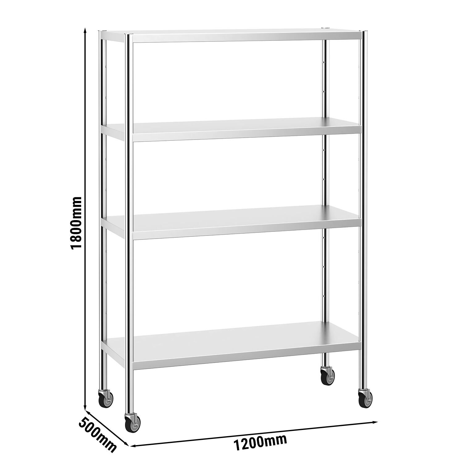 Étagère en inox PREMIUM - 1200 x 490 mm - avec 4 étagères (réglables) - incl. 4 roulettes