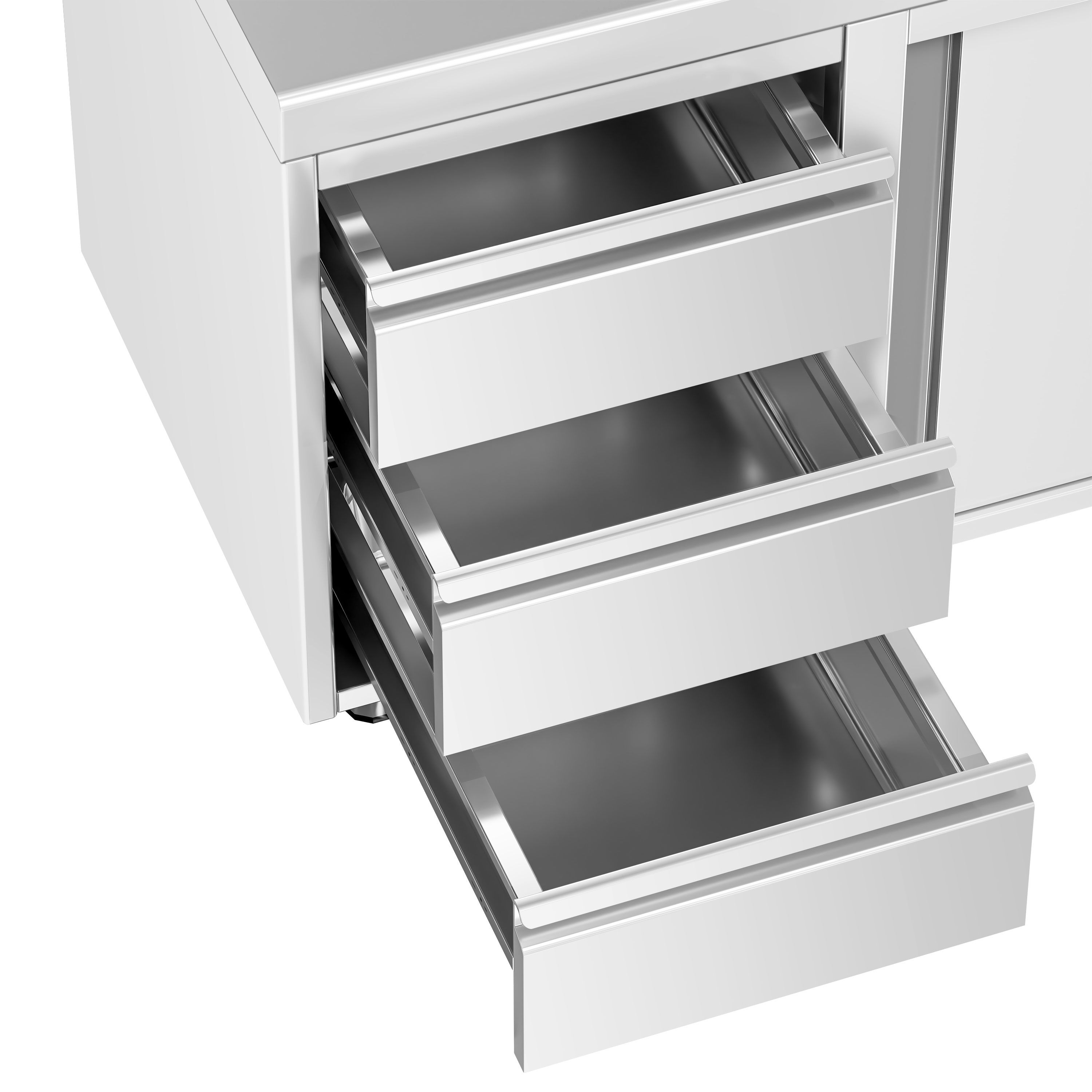 Table armoire en acier inoxydable PREMIUM - 1400x600mm - avec portes coulissantes et étagère basse et 3 tiroirs à gauche