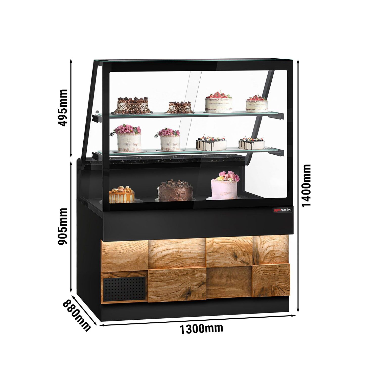 Comptoir réfrigéré TORONTO – 1300 mm – double vitrage – façade en bois – 2 étagères – plan de travail en granit Noir
