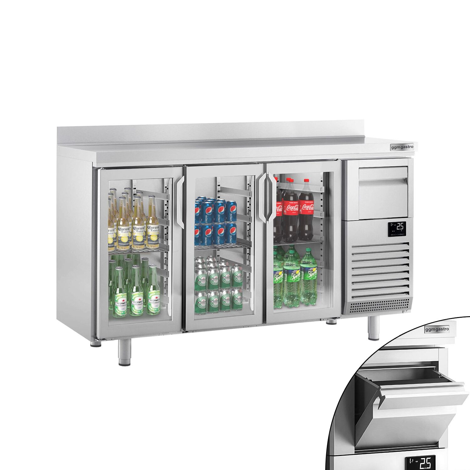 Arrière-bar réfrigéré professionnel Premium PLUS - 1960 x 600 mm - avec 3 portes en verre, dosseret et tiroir à marc de café