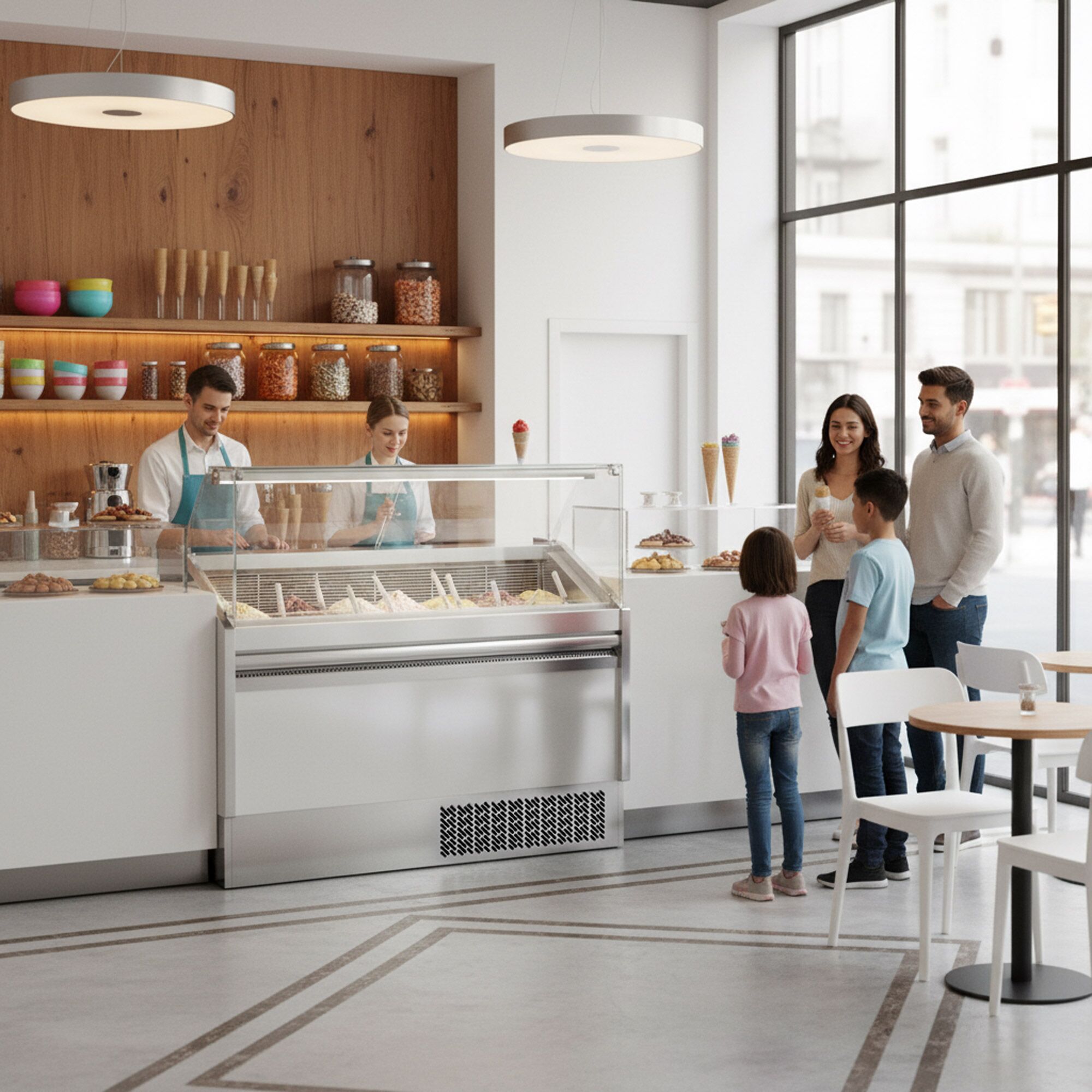 Vitrine à glace LEVI – 1310 mm – refroidissement statique – pour 7+7 bacs à glace de 5 litres – Blanc