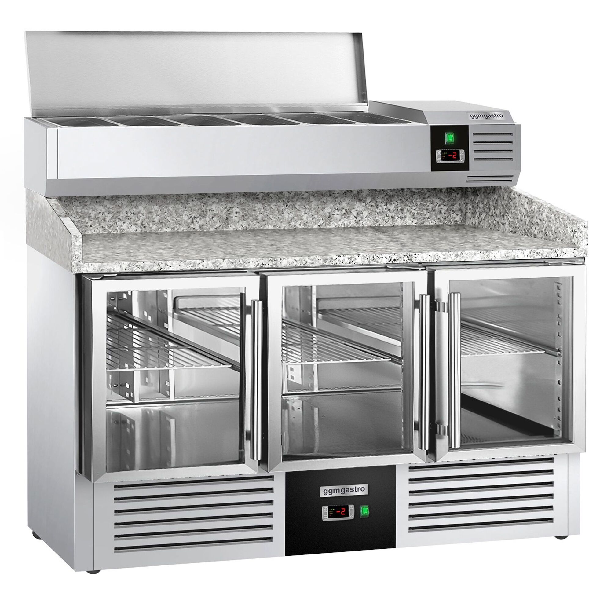 Commercial Pizza Prep Counter - Granite Top PREMIUM - 1400x700mm - with 3 glass doors - incl. refrigerated topping unit - 6x GN 1/4