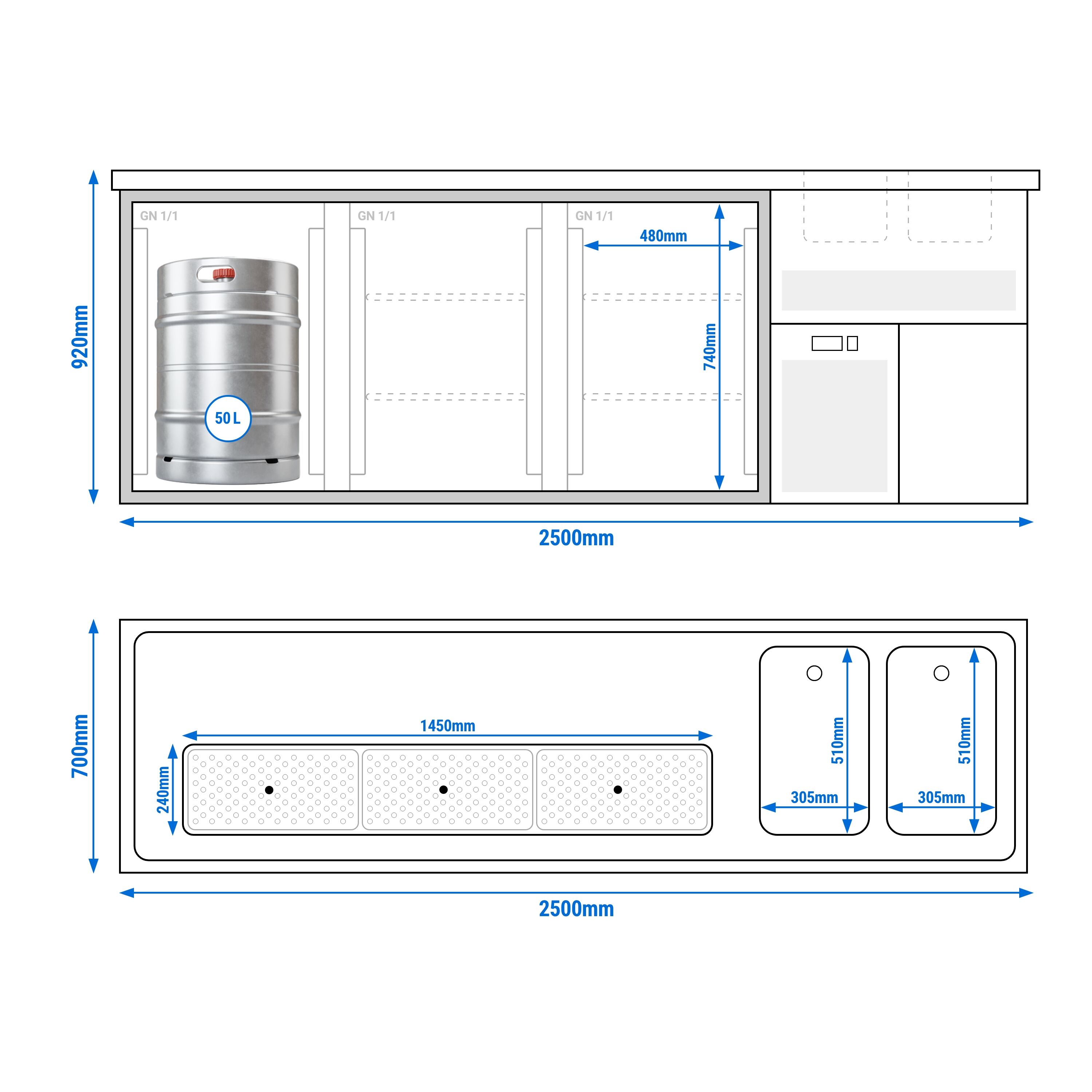Comptoir de bar réfrigéré Premium PLUS - 2500x700mm - 3 portes	
