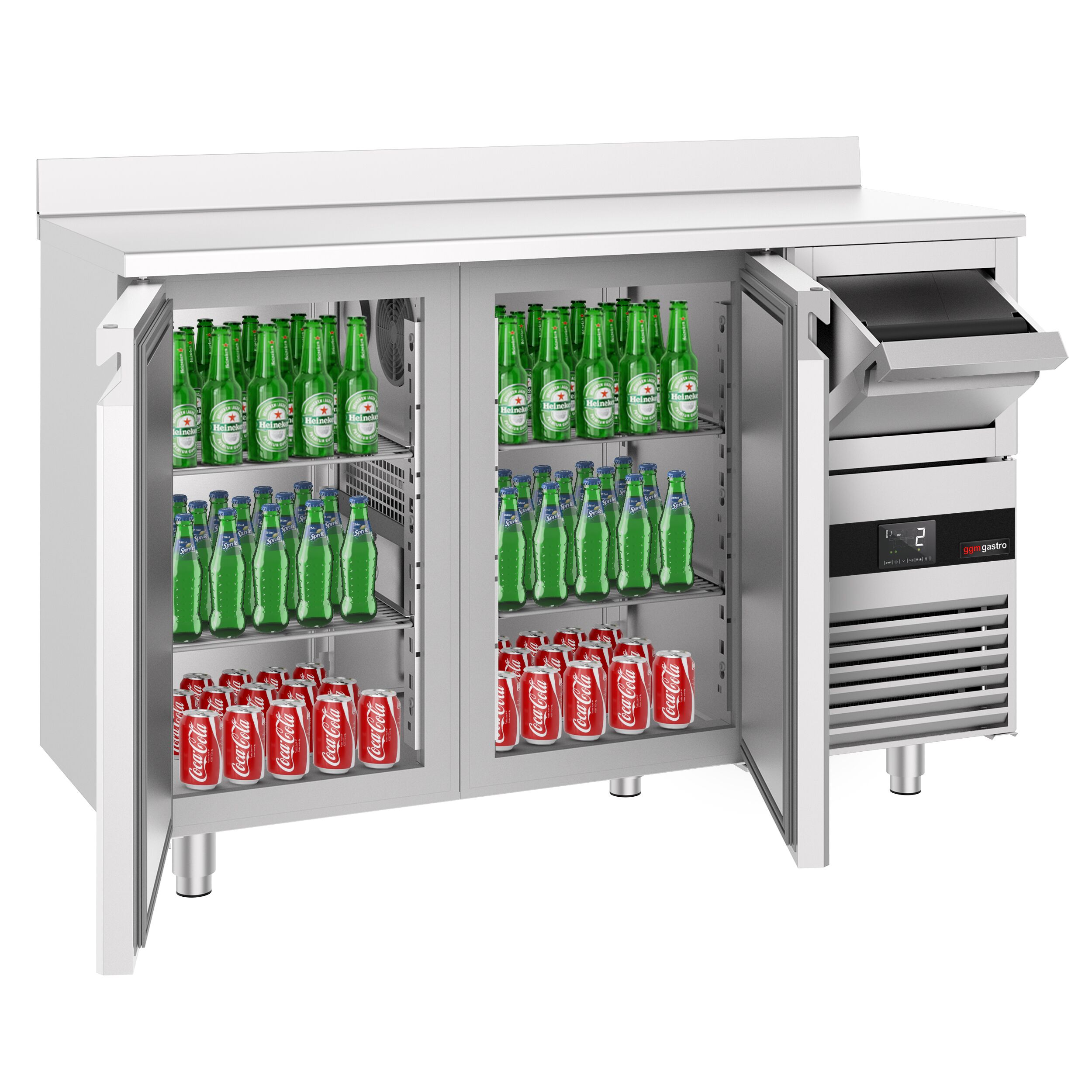 Arrière-bar réfrigéré professionnel  PREMIUM - 1580 x 600 mm - avec 2 portes - avec dosseret - avec tiroir à marc de café