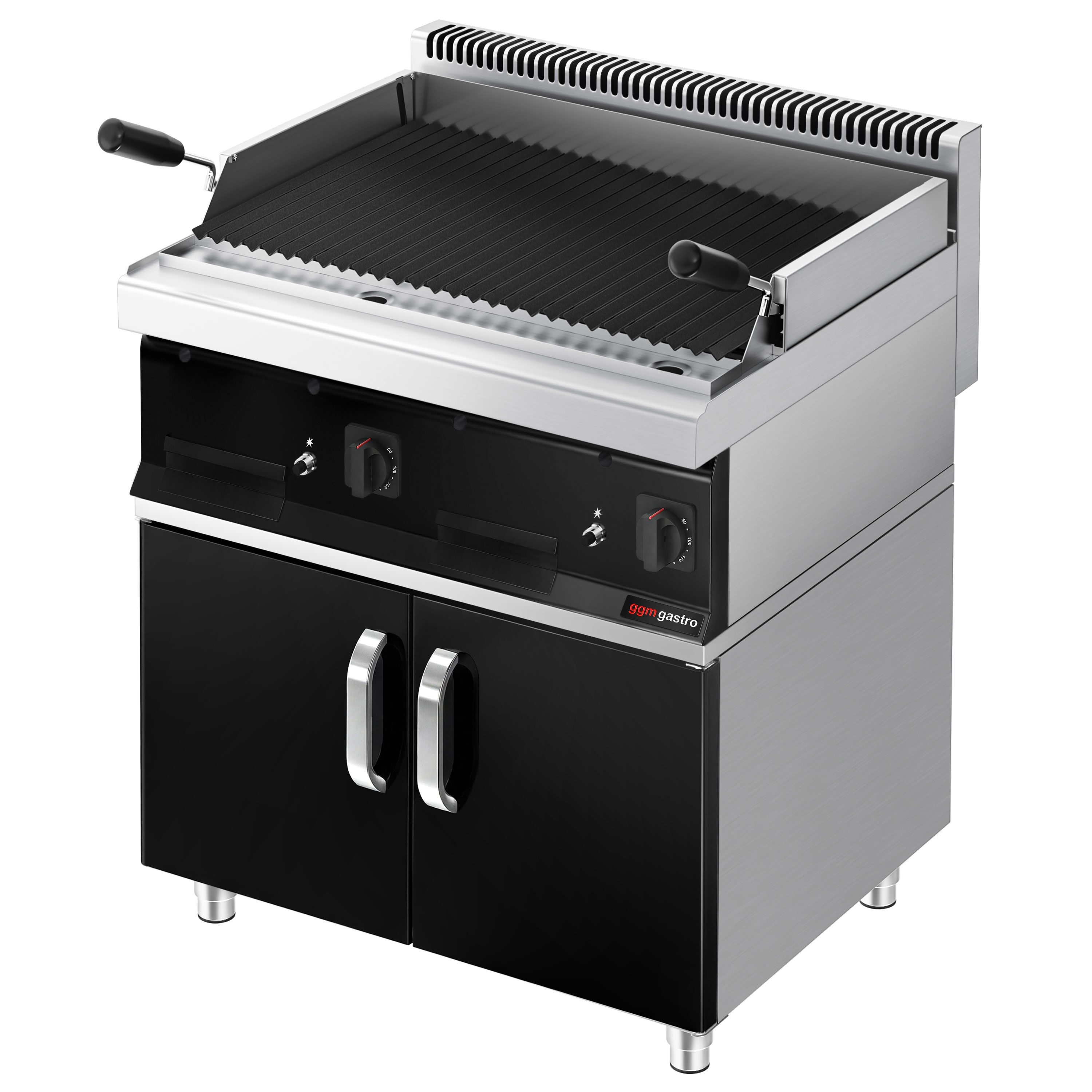 Commercial Gas Lava Rock Chargrill MARIO 700 - 800mm - with Cabinet Base - Tilting Grill Grid - Cast-Iron Cooking Grids - Black-front Fascia - incl. cabinet base - 2 Doors