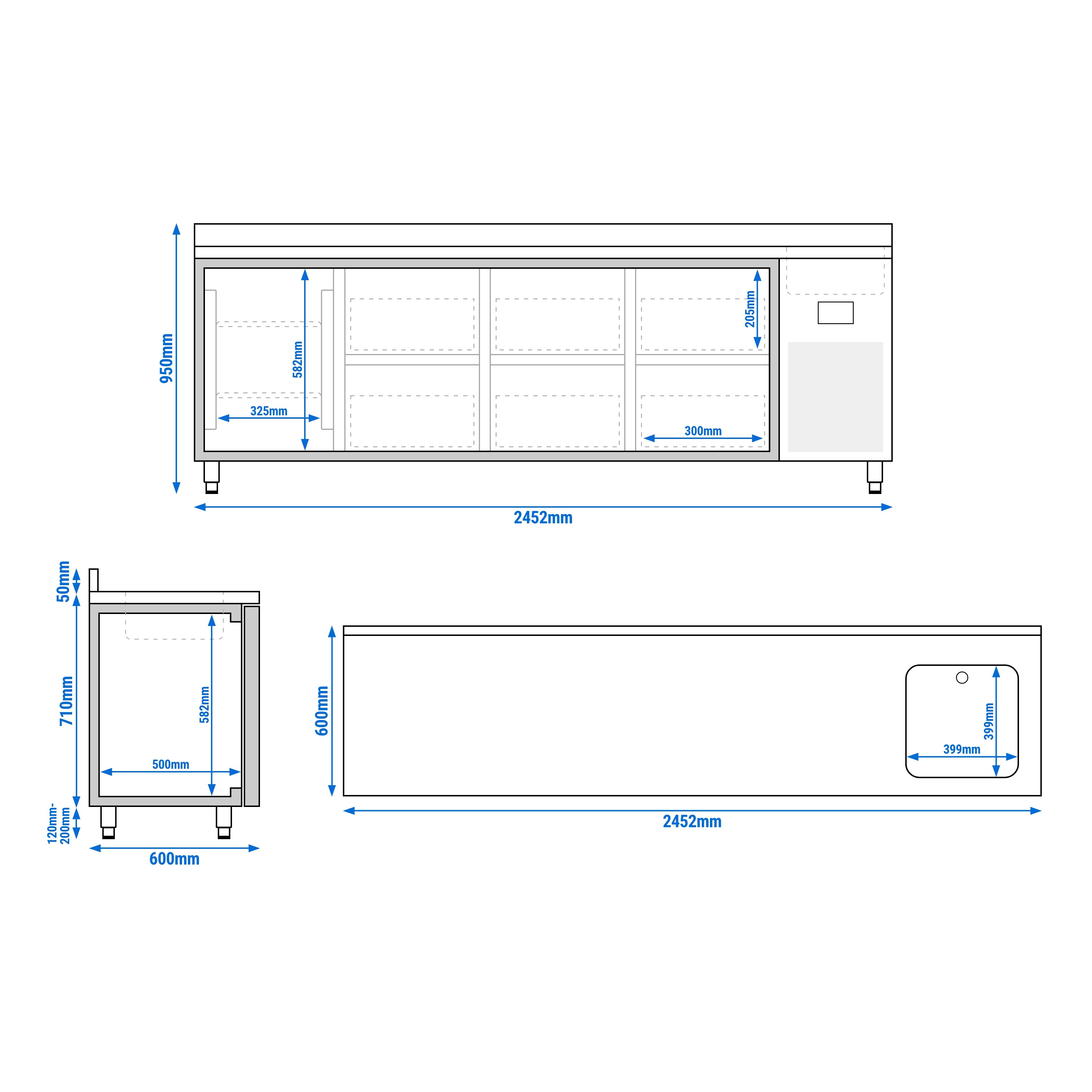 Commercial Counter Fridge PREMIUM PLUS - 2452x600mm - with sink - with 1 door - with 6 drawers (1/2) - with upstand