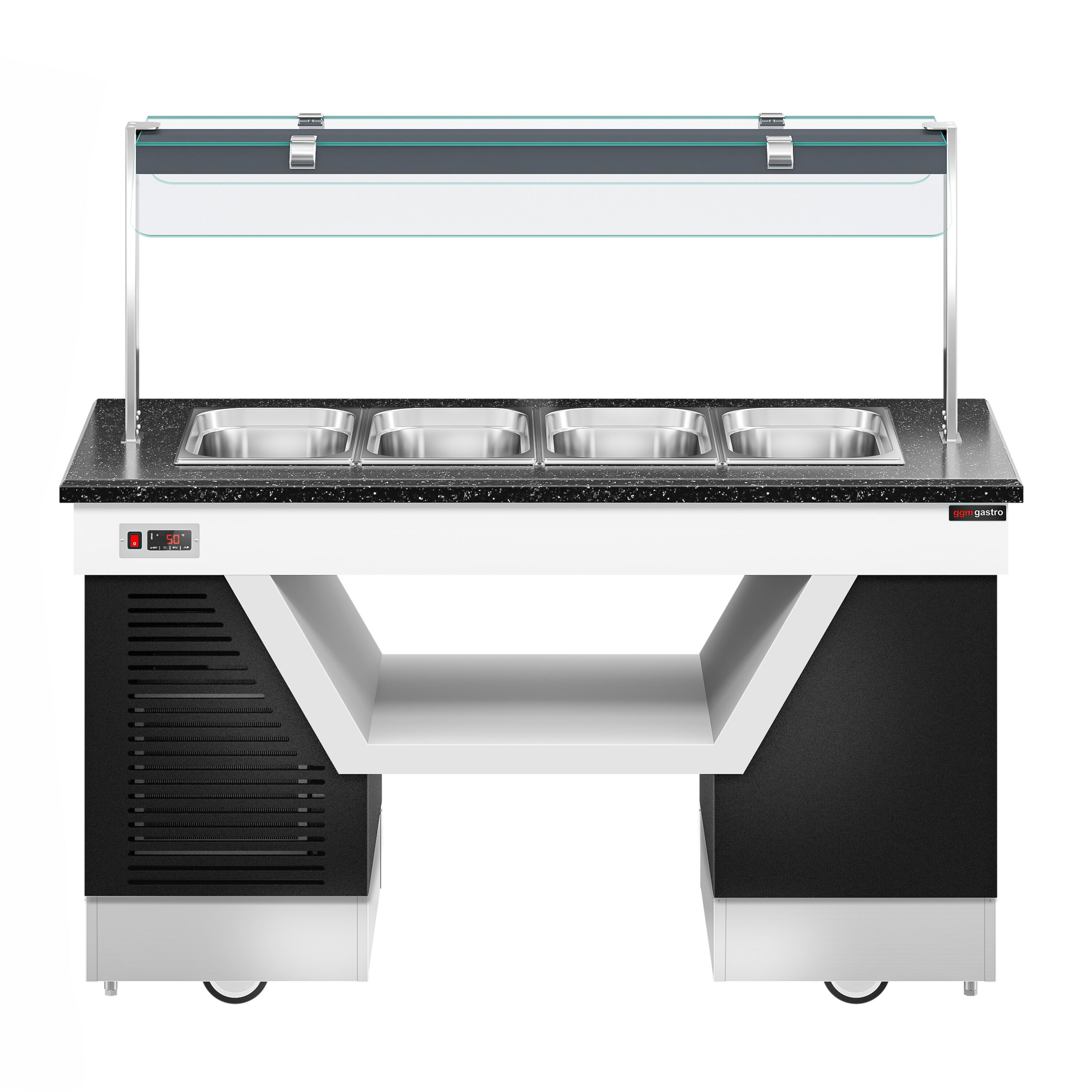 Heated Bain Marie Counter BELFAST - 1600mm - with Bain Marie Well + Flat Glass Sneeze Guard - on Castors - for 4x GN 1/1 - Black