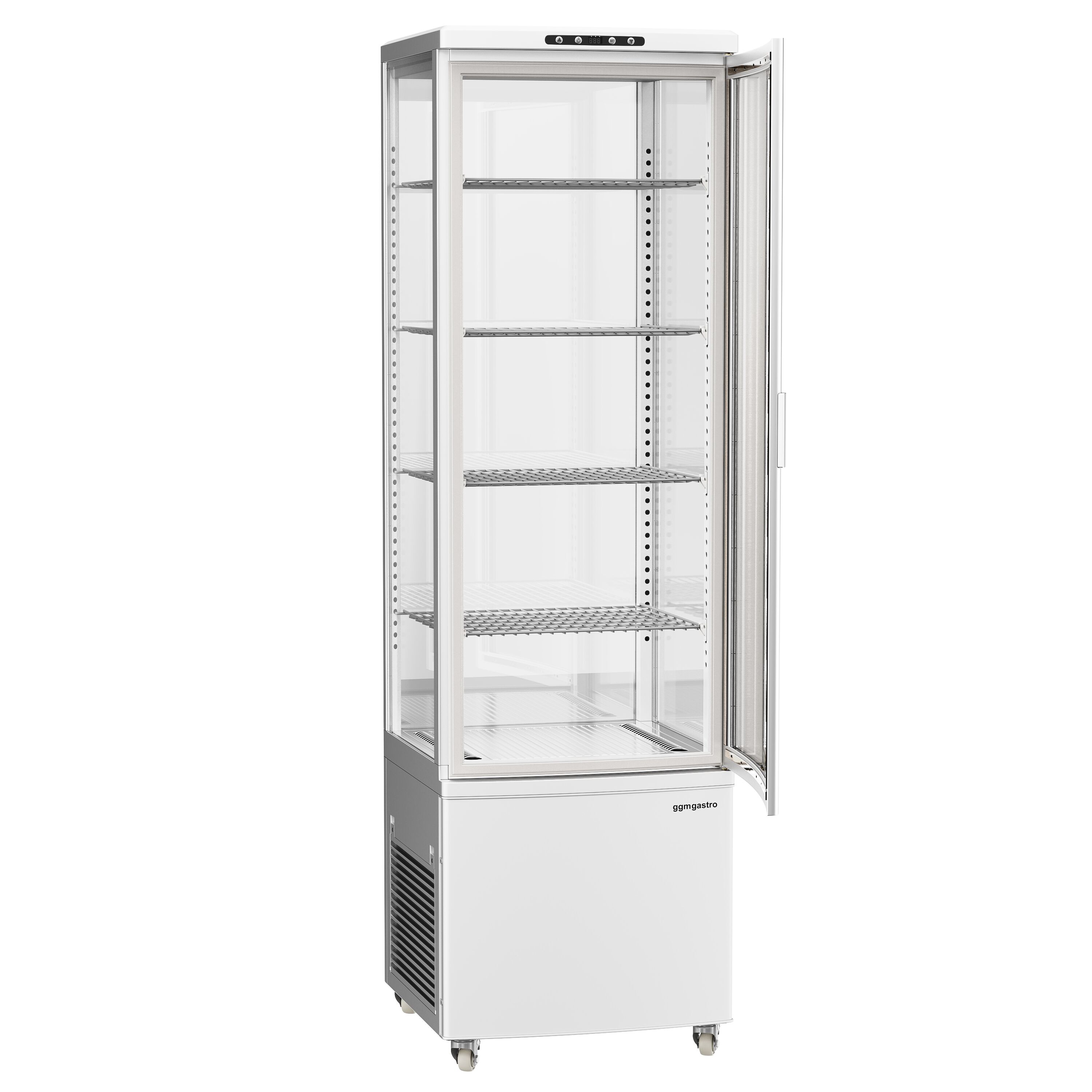 Vitrine réfrigérée 4 faces vitrées / Vitrine panoramique – 235 litres – 1 porte en verre – 4 étagères – Blanc