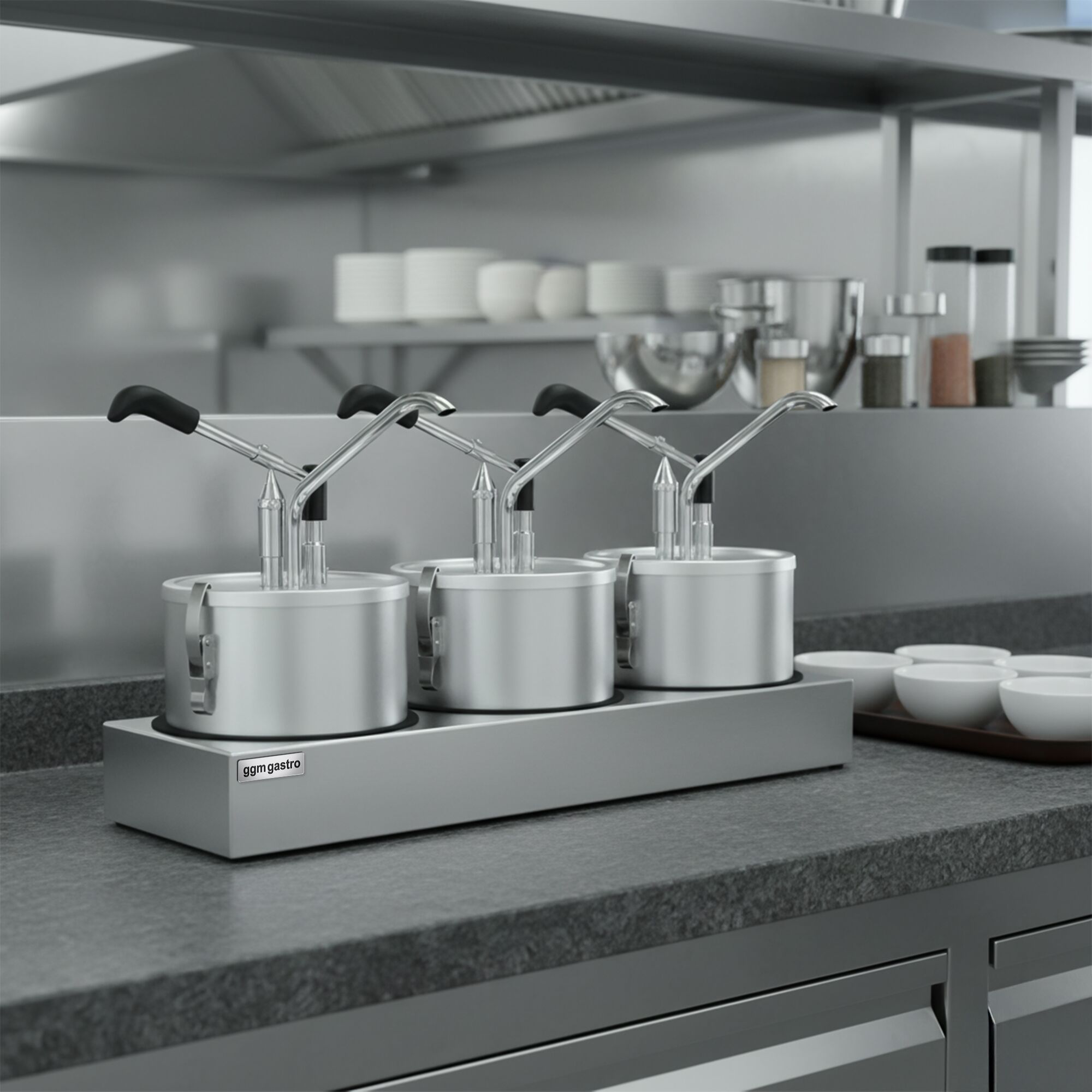Distributeur de sauce - 3x 4L - à levier - dosage réglable - acier inoxydable 18/10 - 600x350mm - incl. support inox