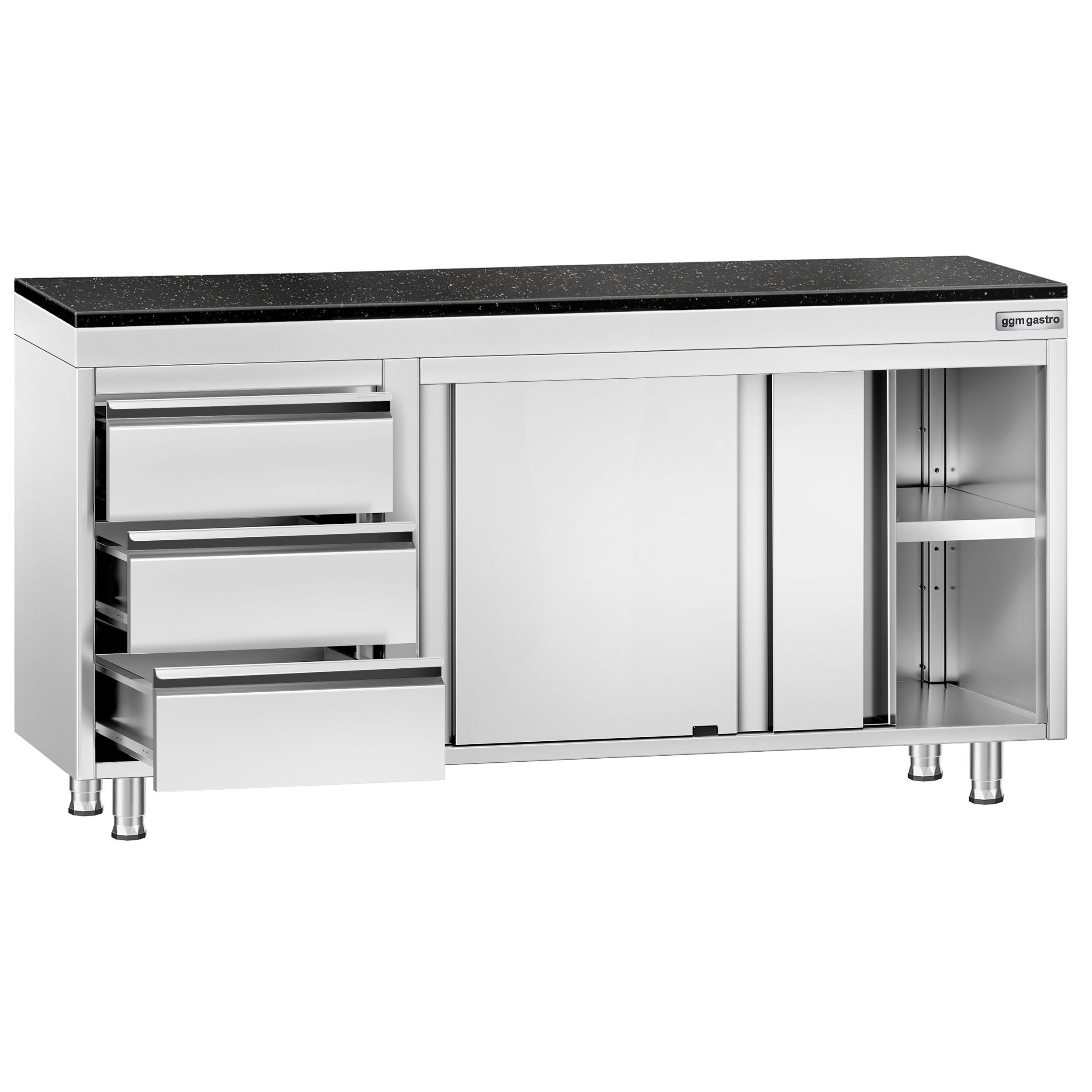 Roestvrijstalen werkkast PREMIUM - 1600 x 600 mm - met 3 lades links - incl. granieten werkblad