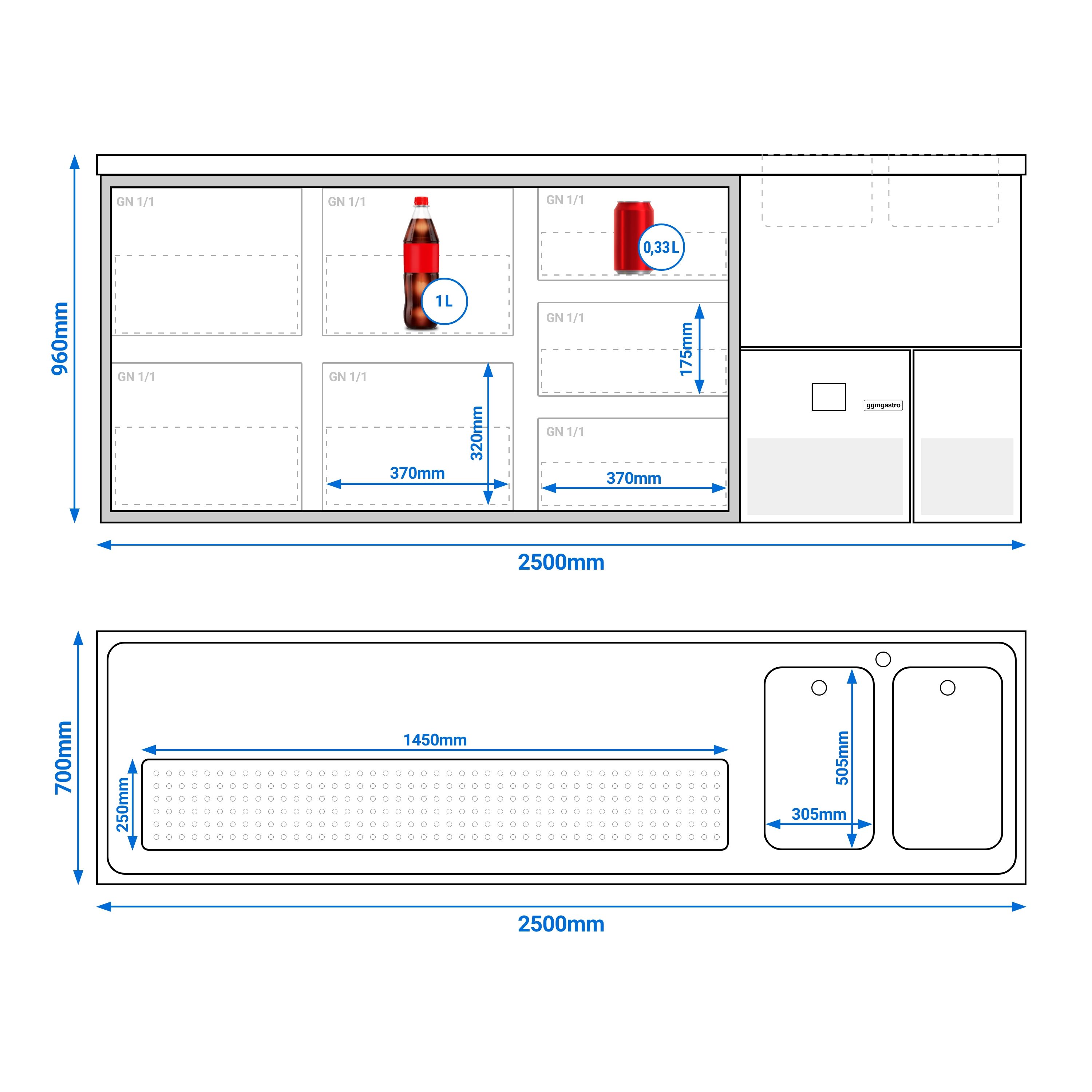Comptoir de bar réfrigéré PREMIUM - 2500x700mm - 7 tiroirs en verre