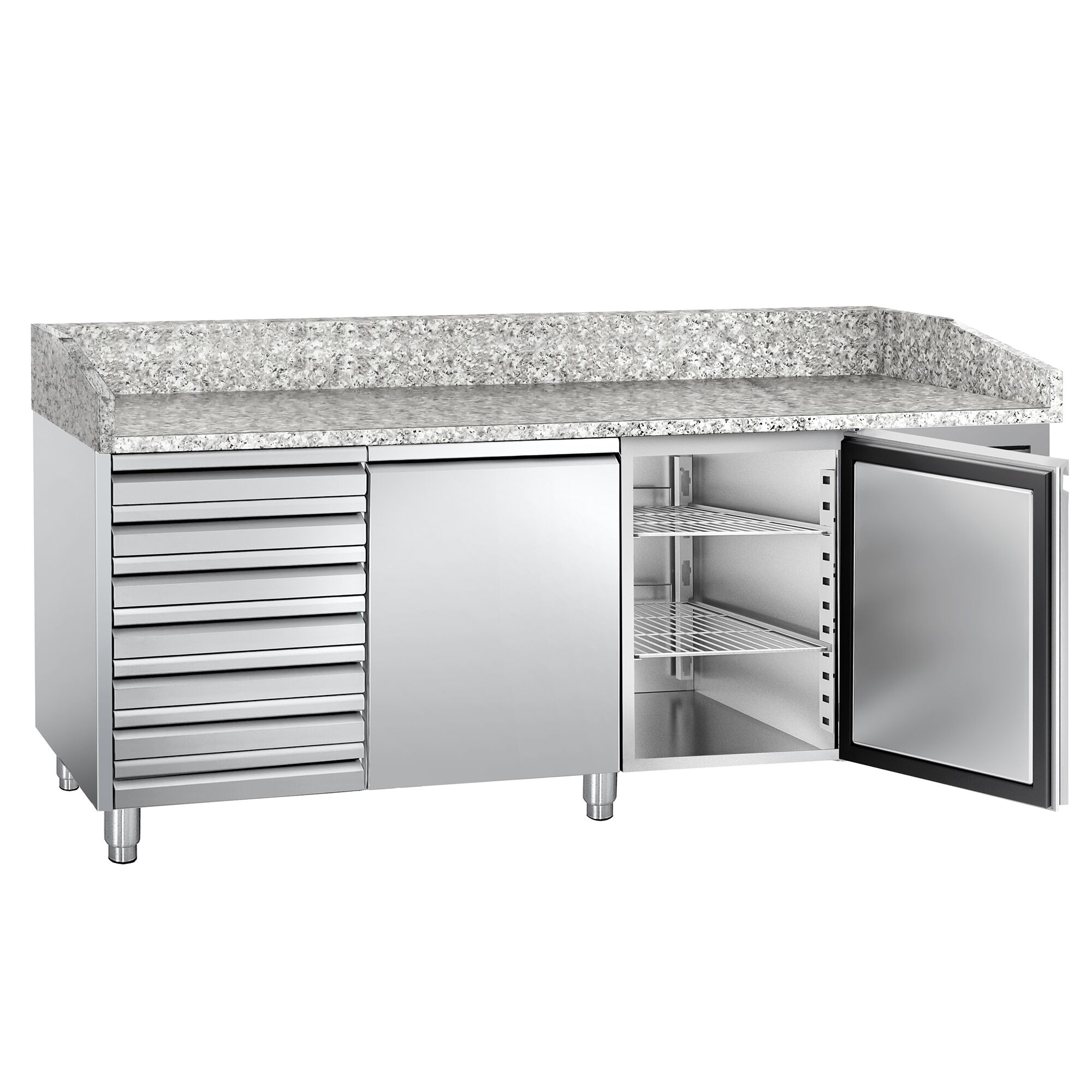 Commercial Pizza Prep Counter - Granite Top ECO - 2025x800mm - with 2 doors & 7 drawers