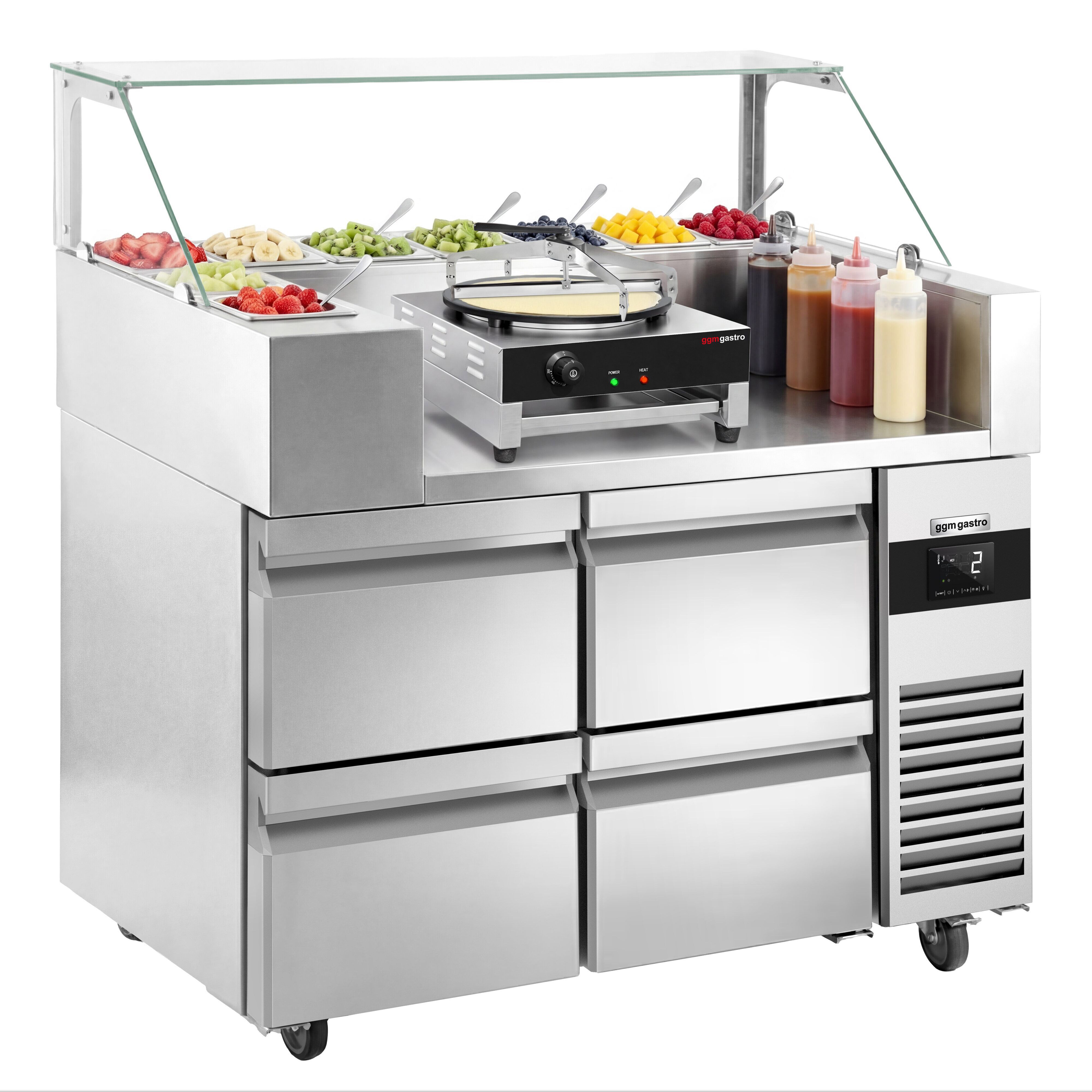 Table de préparation – 1210 mm – 4 tiroirs – pour 9 bacs GN 1/6 – incl. appareil à crêpes & répartiteur de pâte
