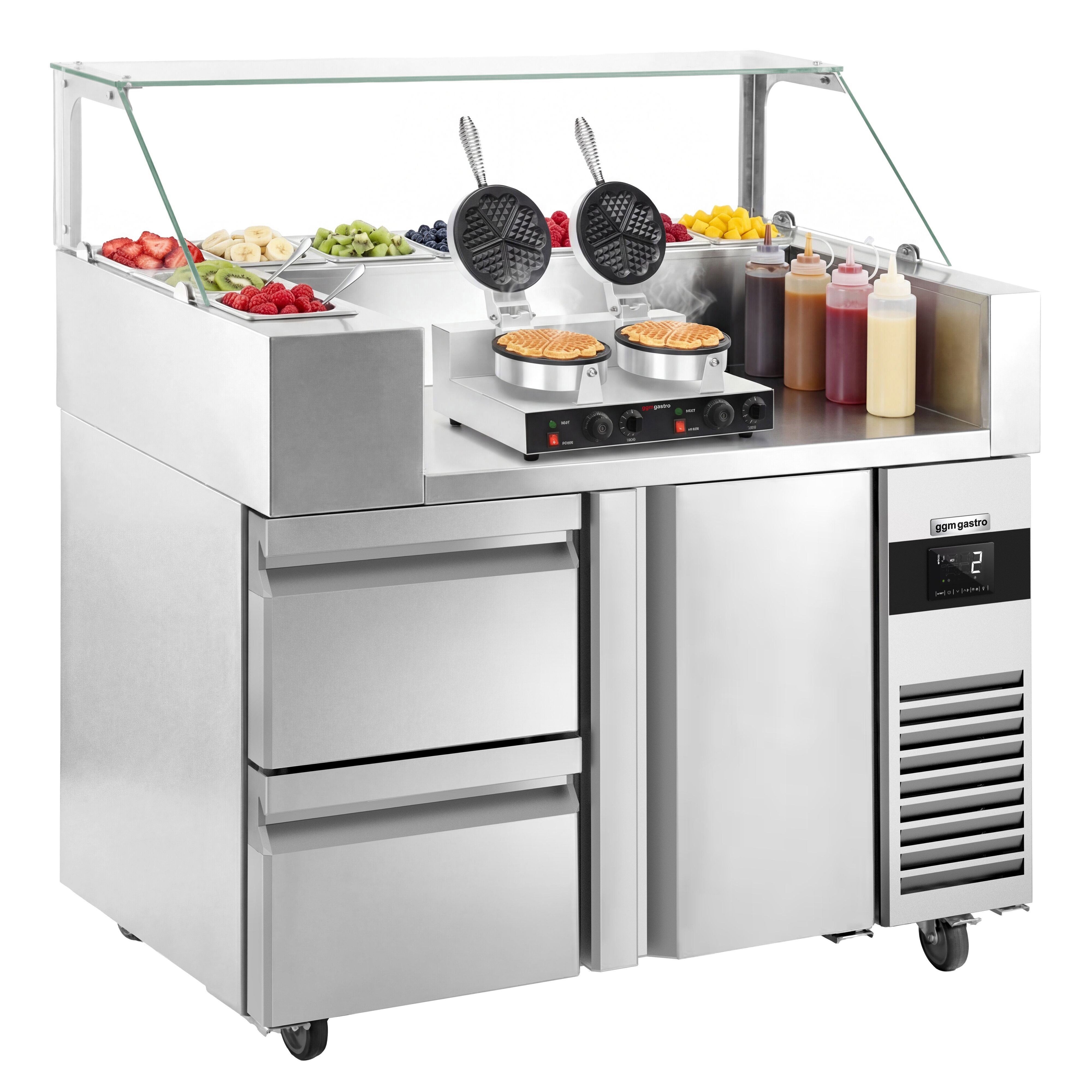 Table de préparation – 1210 mm – 1 porte & 2 tiroirs – pour 9× GN 1/6 – incl. gaufrier – Forme cœur